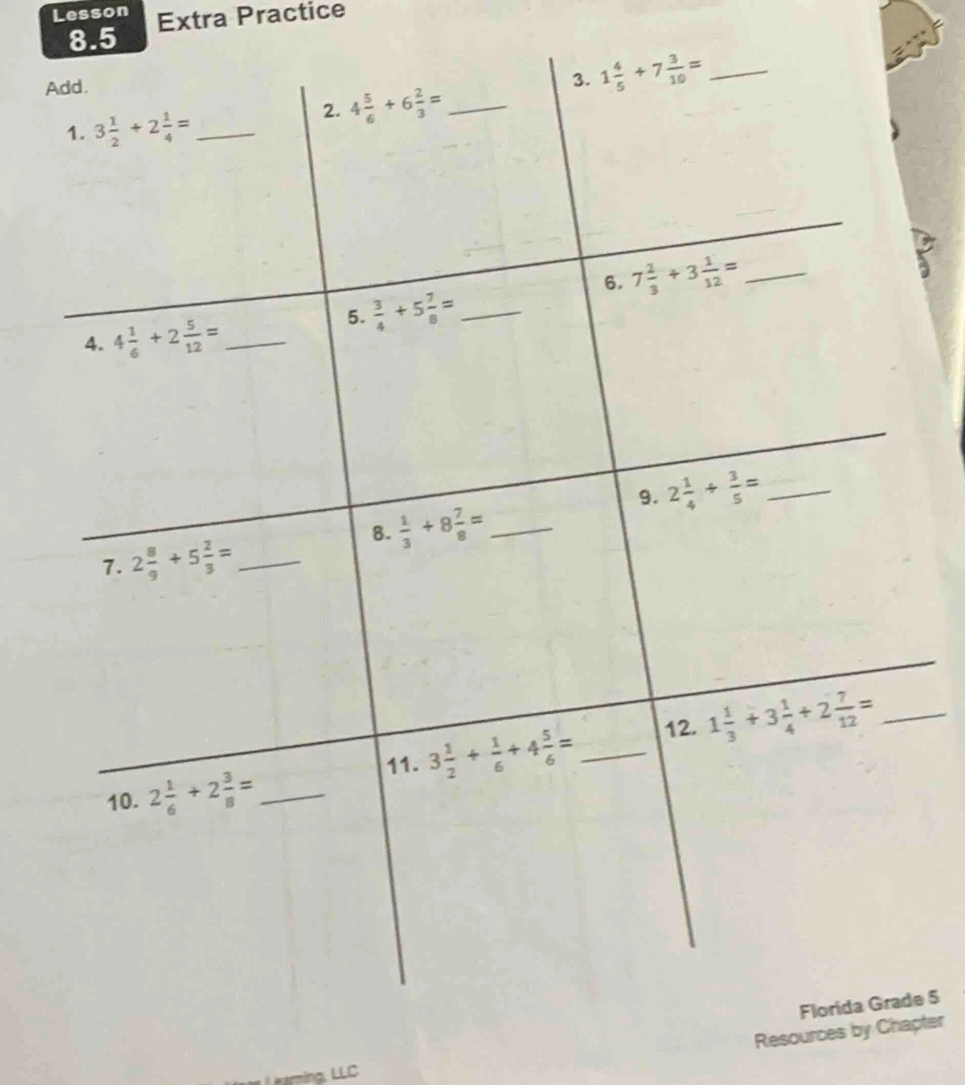 lesson 8.5 extra practice add. 1. $3\\frac{1}{2} + 2\\frac{1}{4} = \\un…