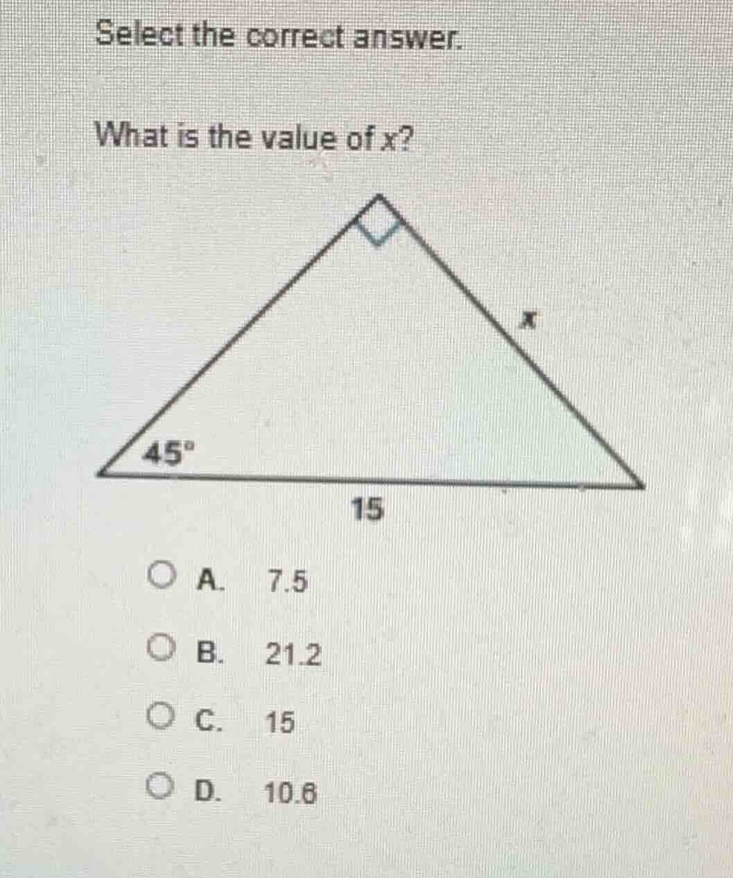 select the correct answer. what is the value of x? triangle with right …