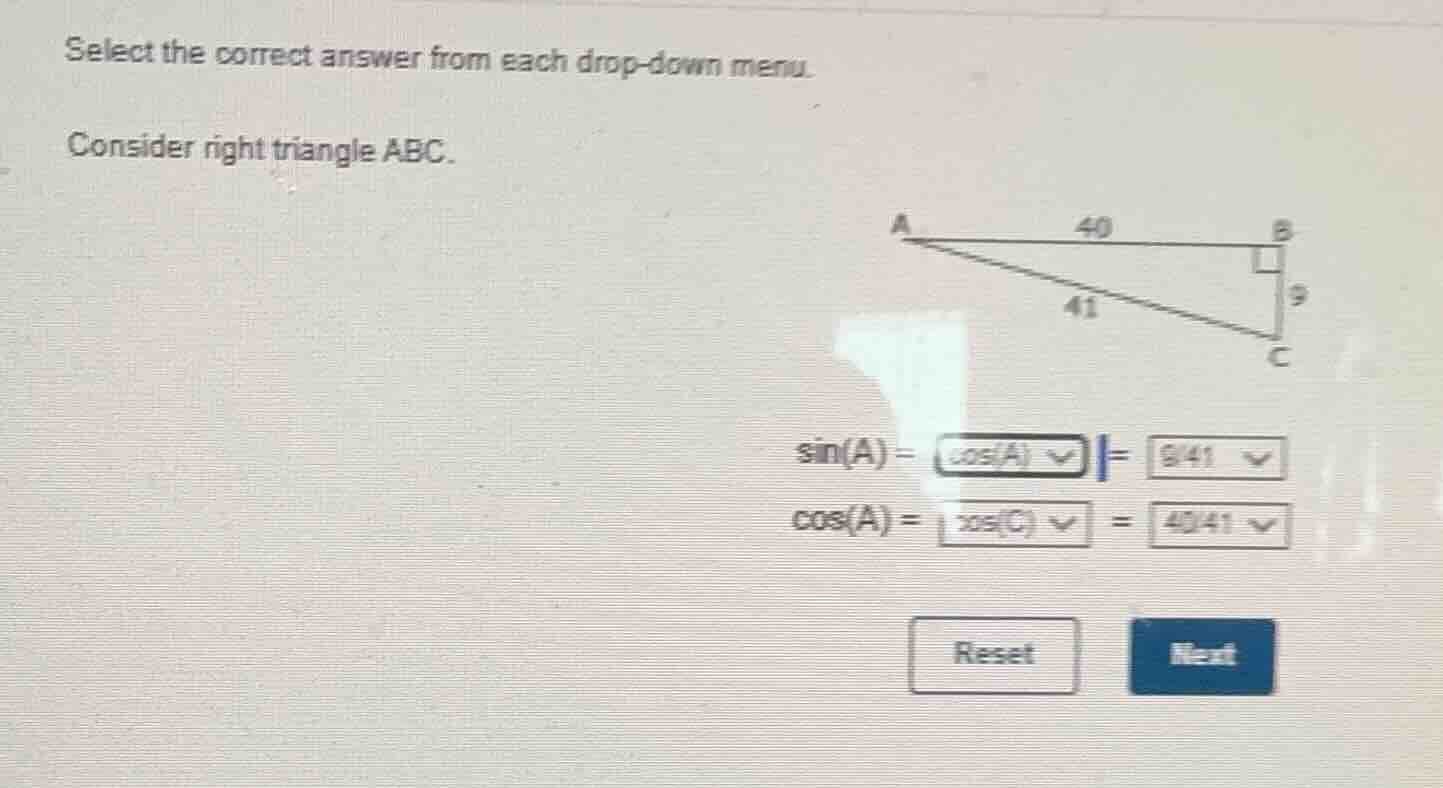 select the correct answer from each drop-down menu. consider right tria…