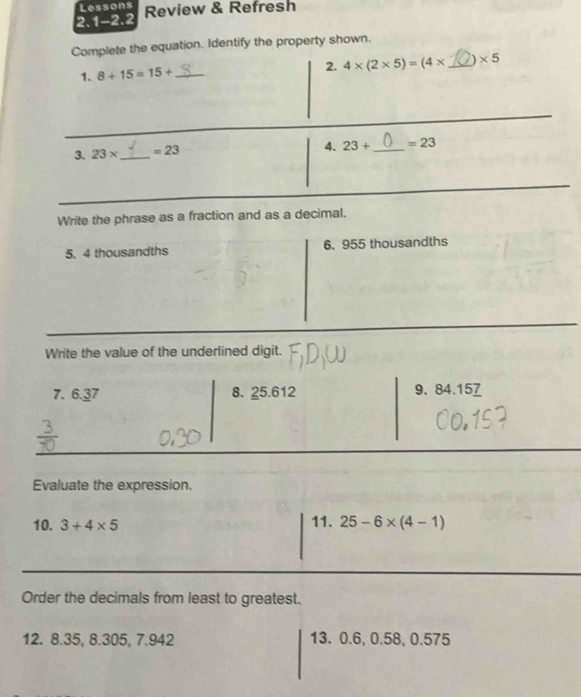 lessons 2.1-2.2 review & refresh complete the equation. identify the pr…
