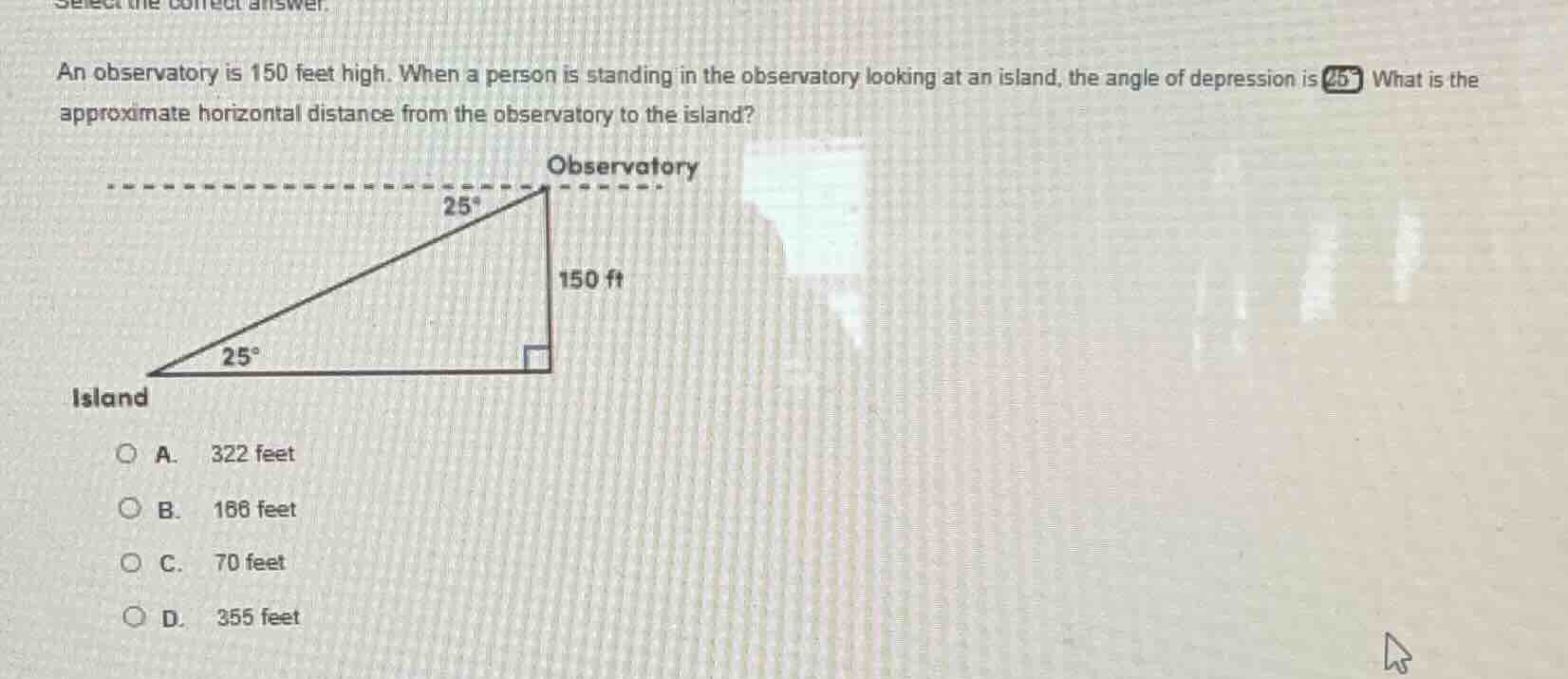select the correct answer. an observatory is 150 feet high. when a pers…