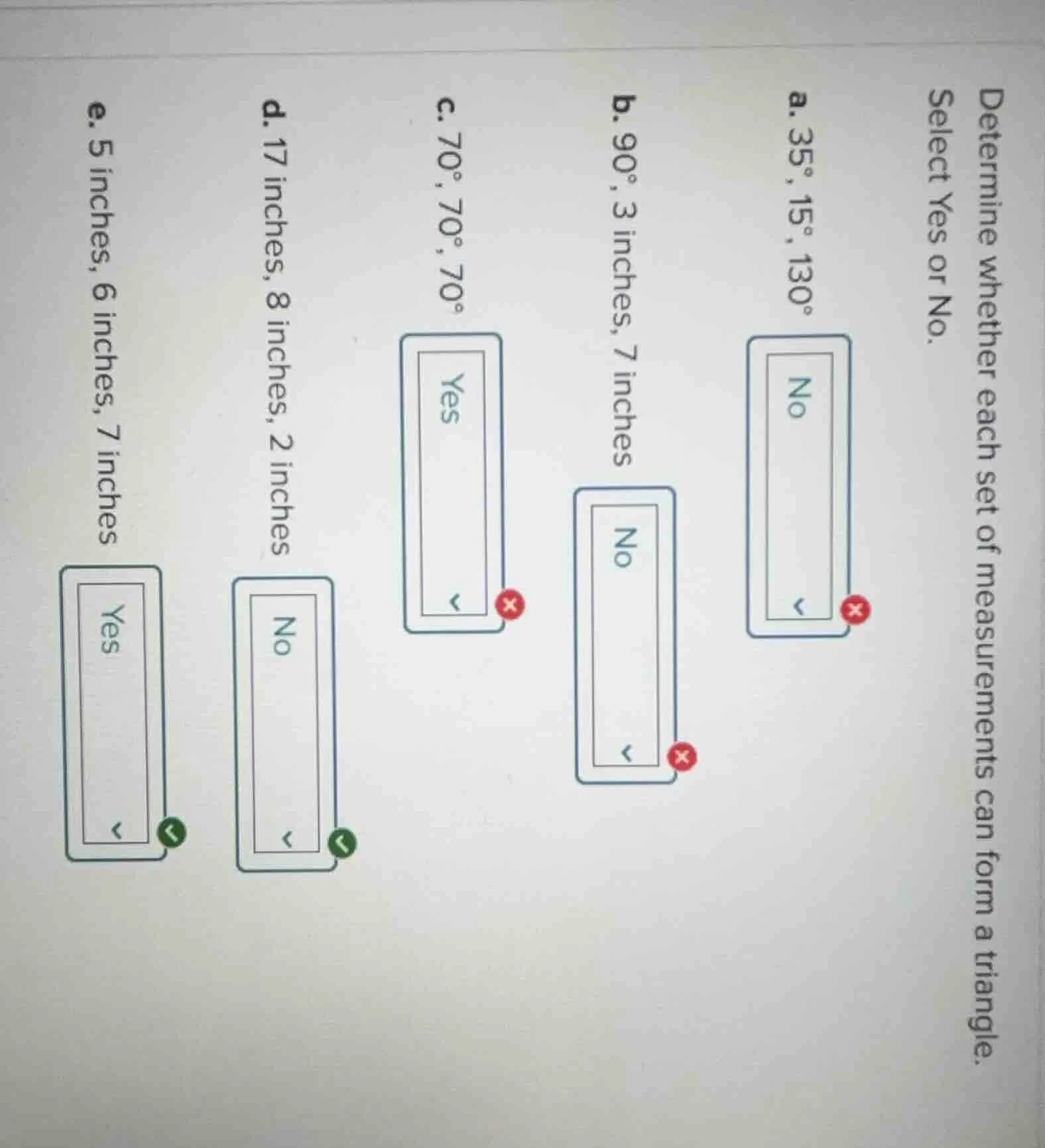 determine whether each set of measurements can form a triangle. select …