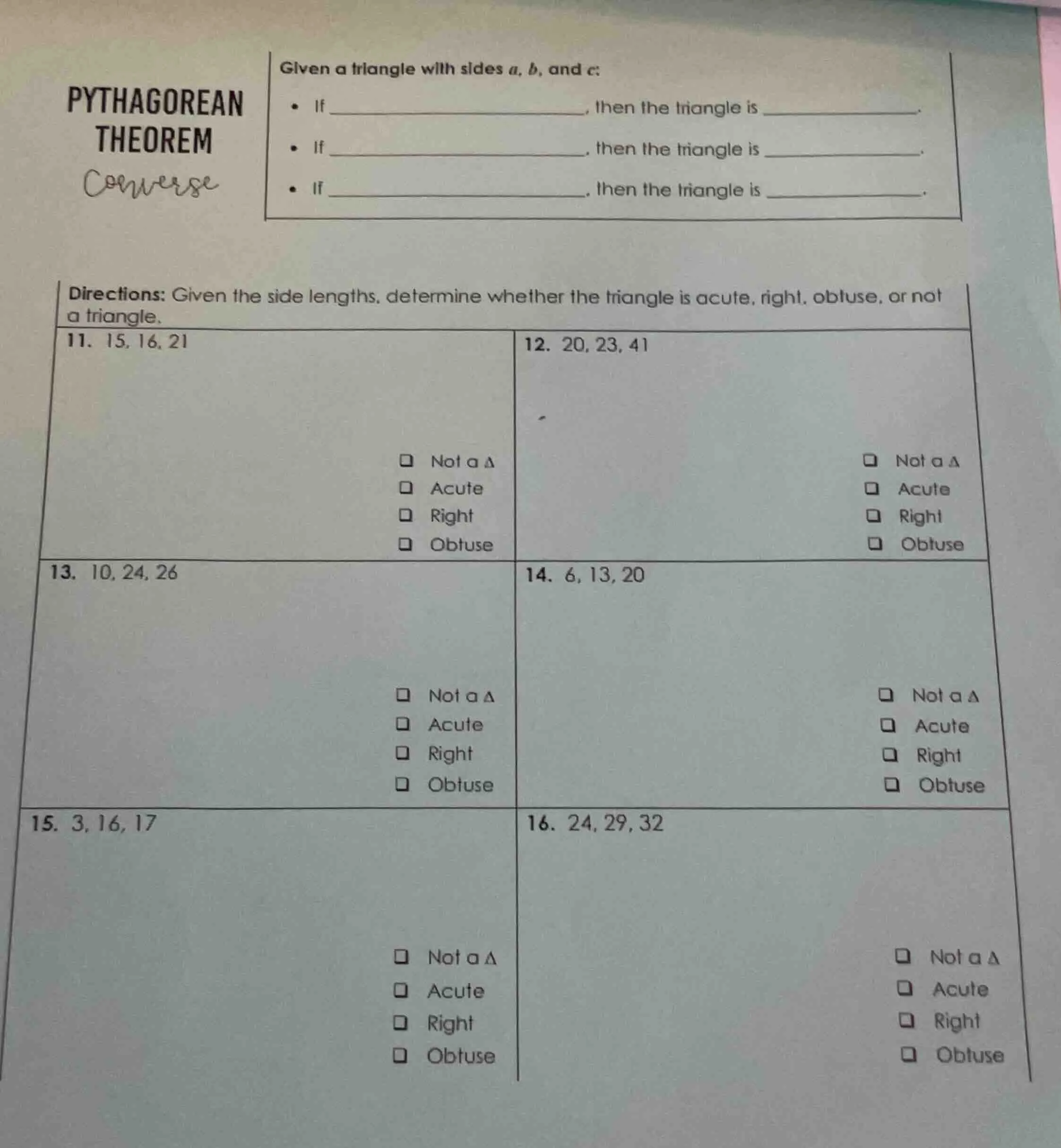 pythagorean theorem converse given a triangle with sides a, b, and c: -…