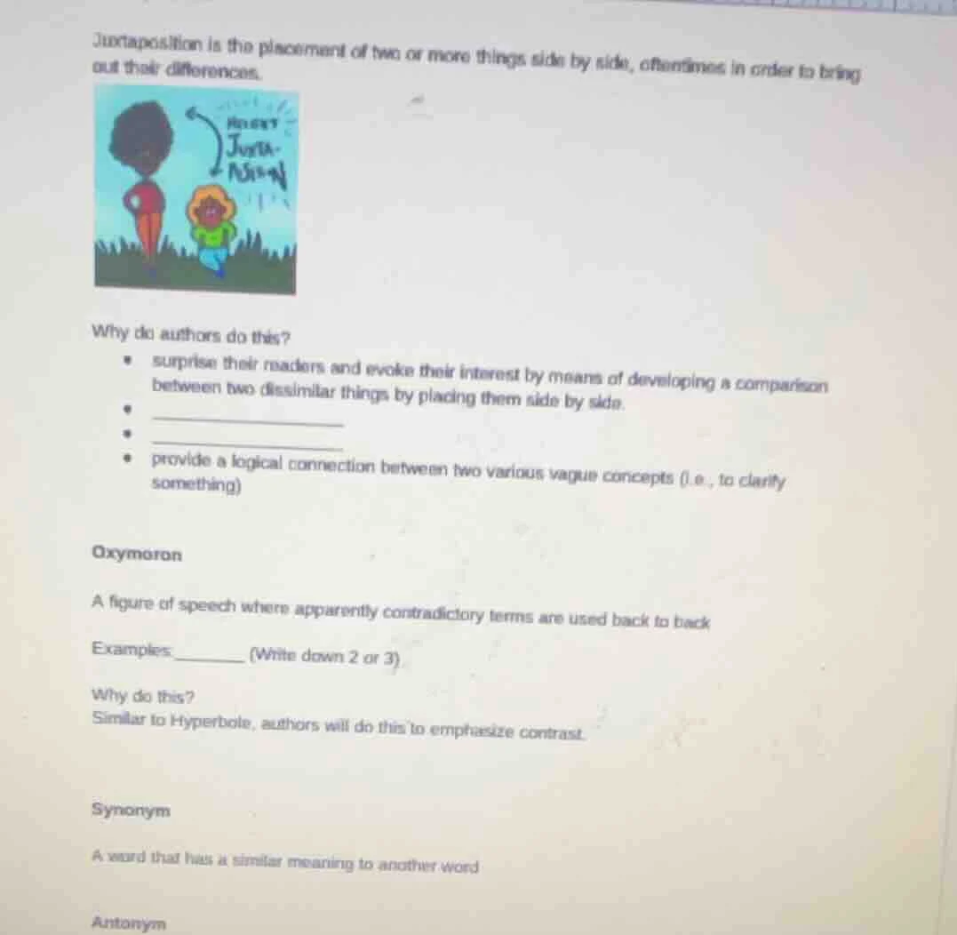 juxtaposition is the placement of two or more things side by side, ofte…