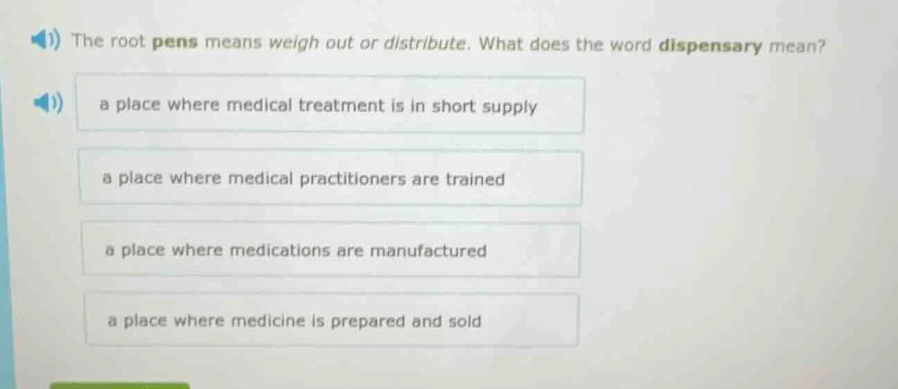 the root pens means weigh out or distribute. what does the word dispens…