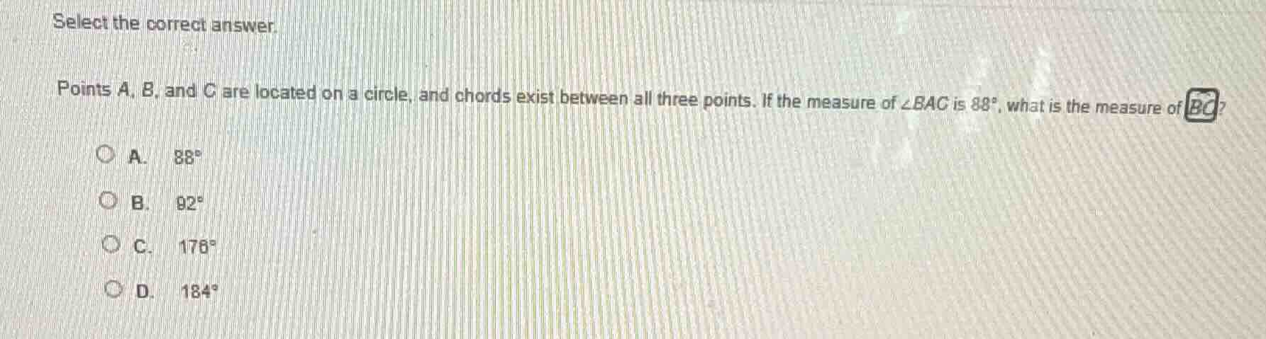 select the correct answer. points a, b, and c are located on a circle, …