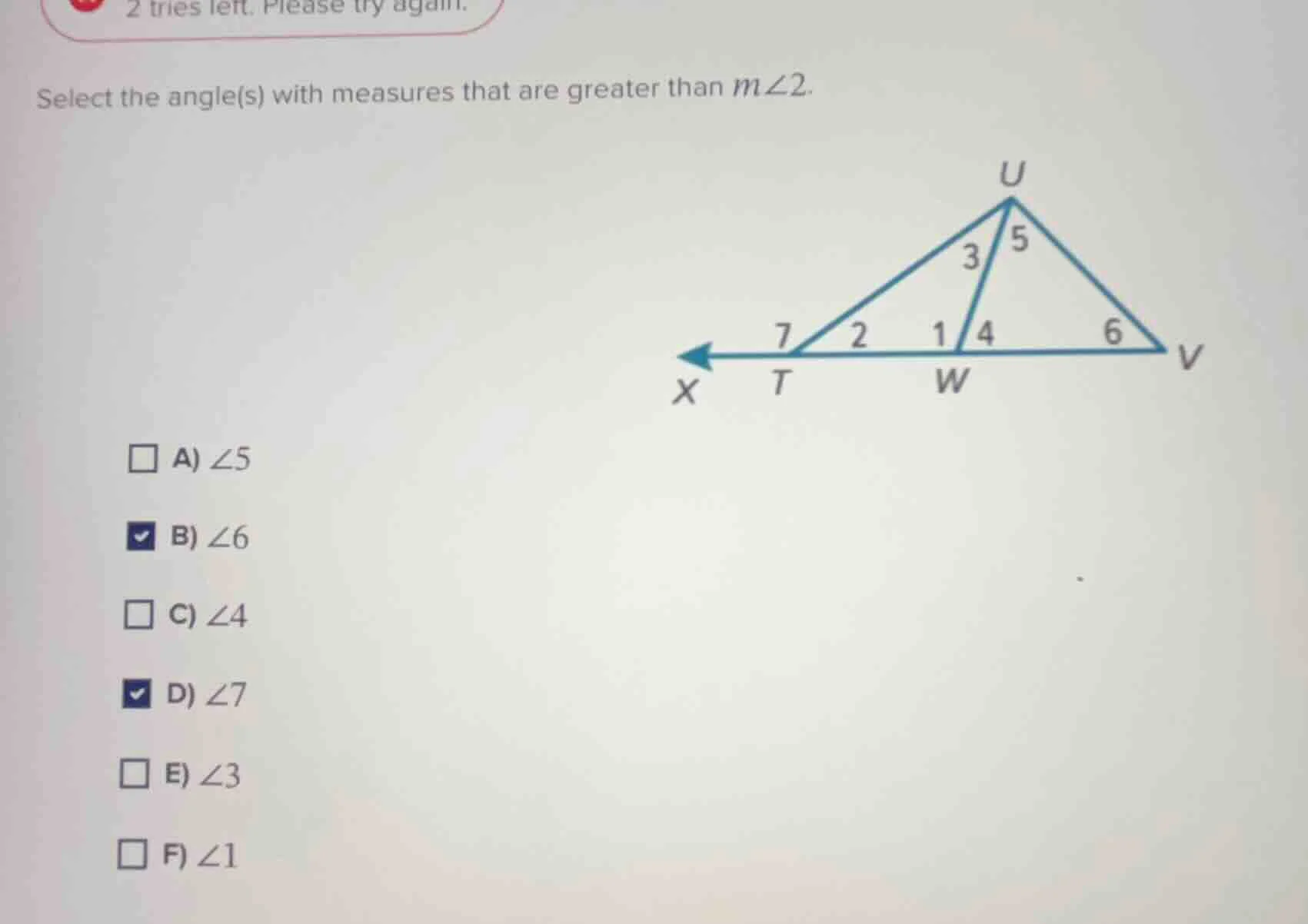 2 tries left. please try again. select the angle(s) with measures that …