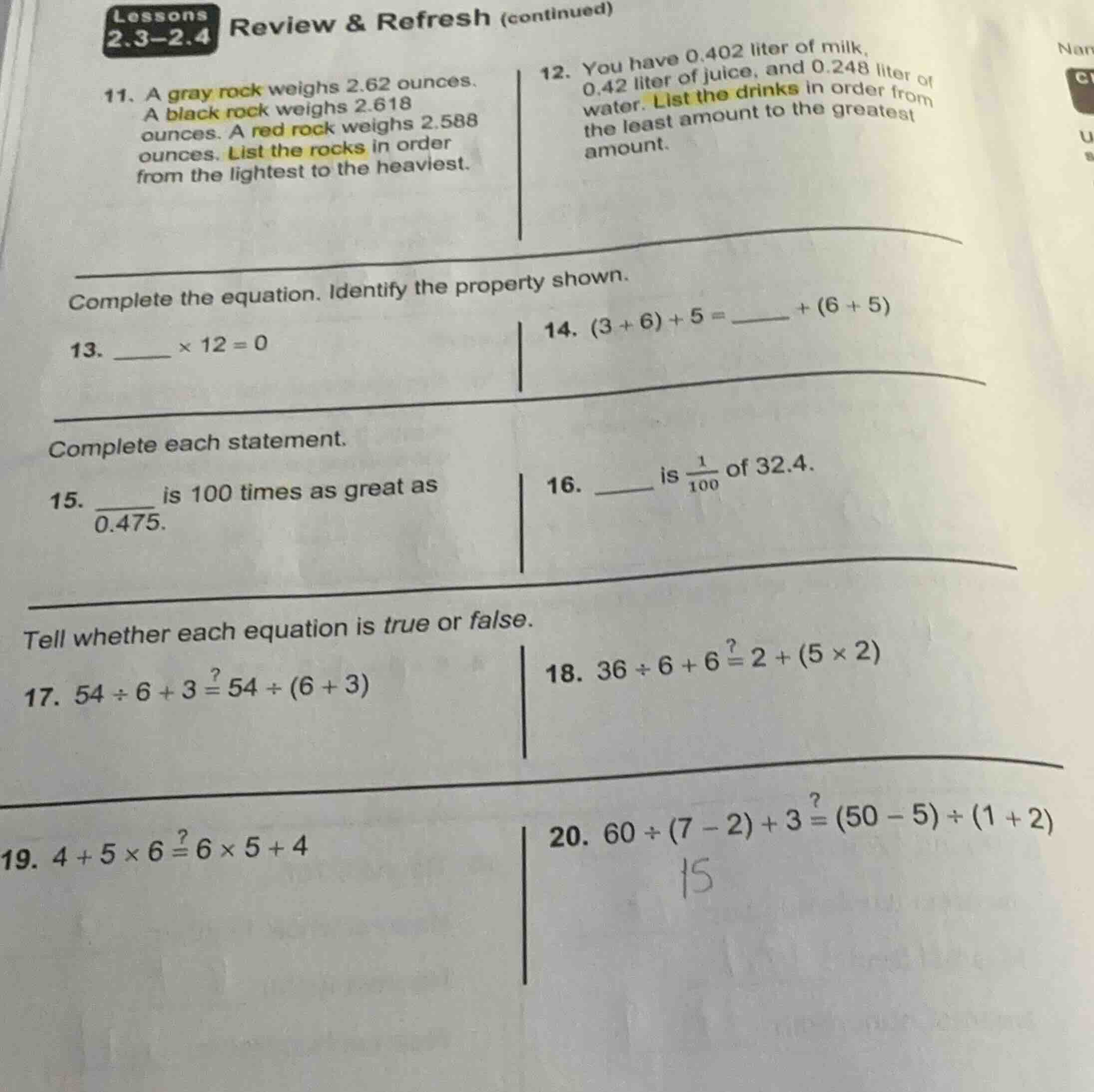 lessons 2.3-2.4 review & refresh (continued) 11. a gray rock weighs 2.6…