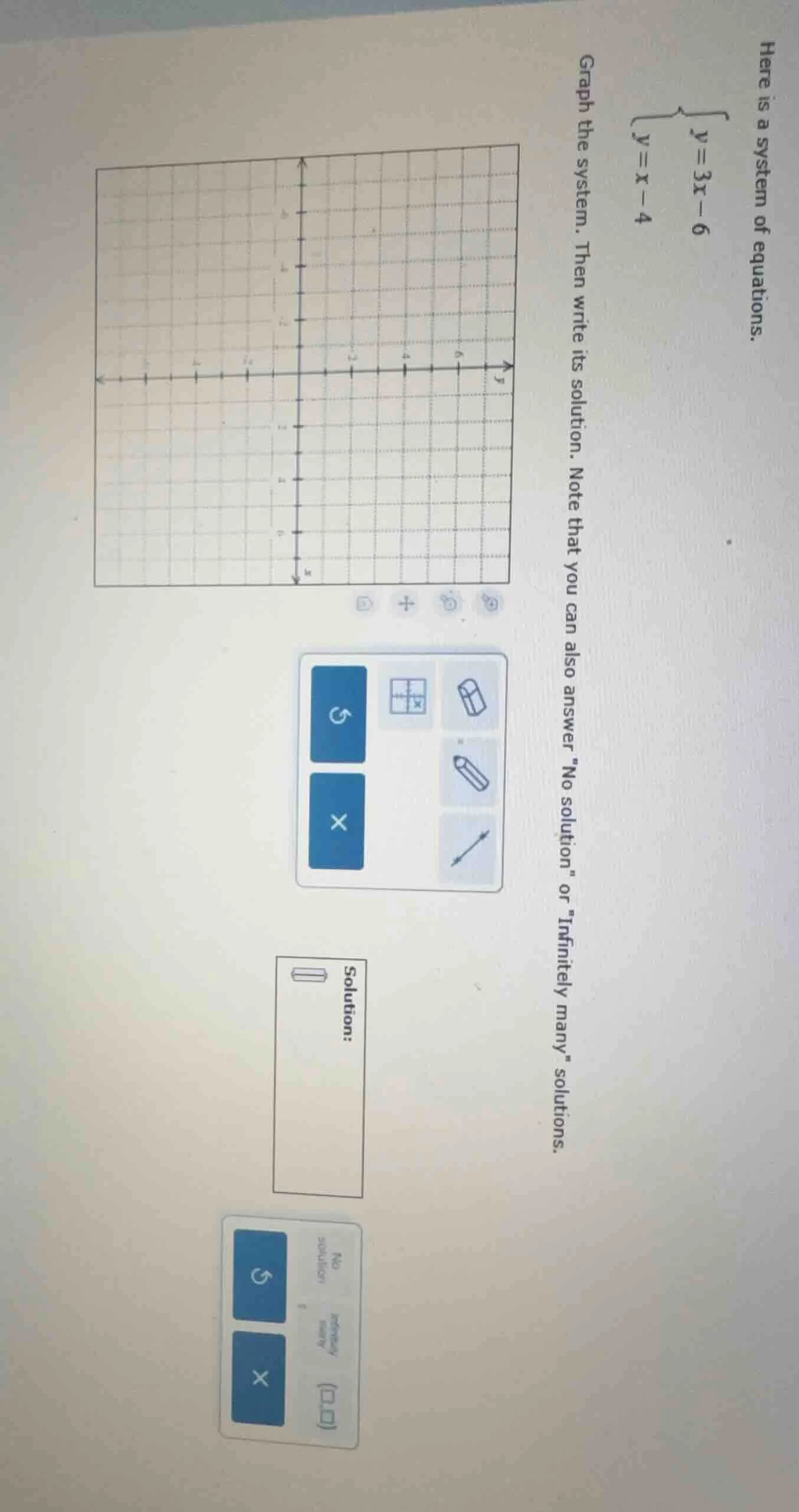 here is a system of equations. \\begin{cases} y = 3x - 6 \\\\ y = x - 4…