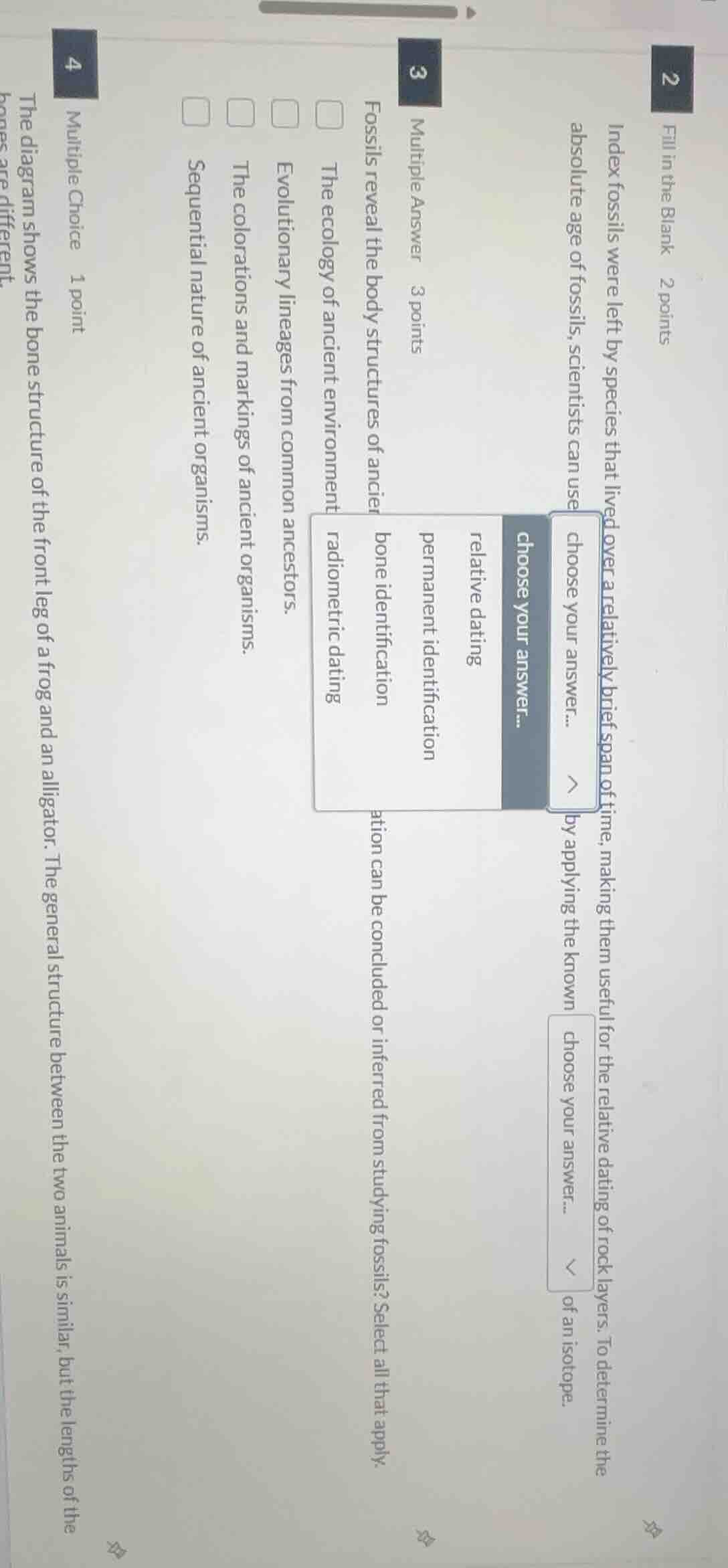2 fill in the blank 2 points index fossils were left by species that li…