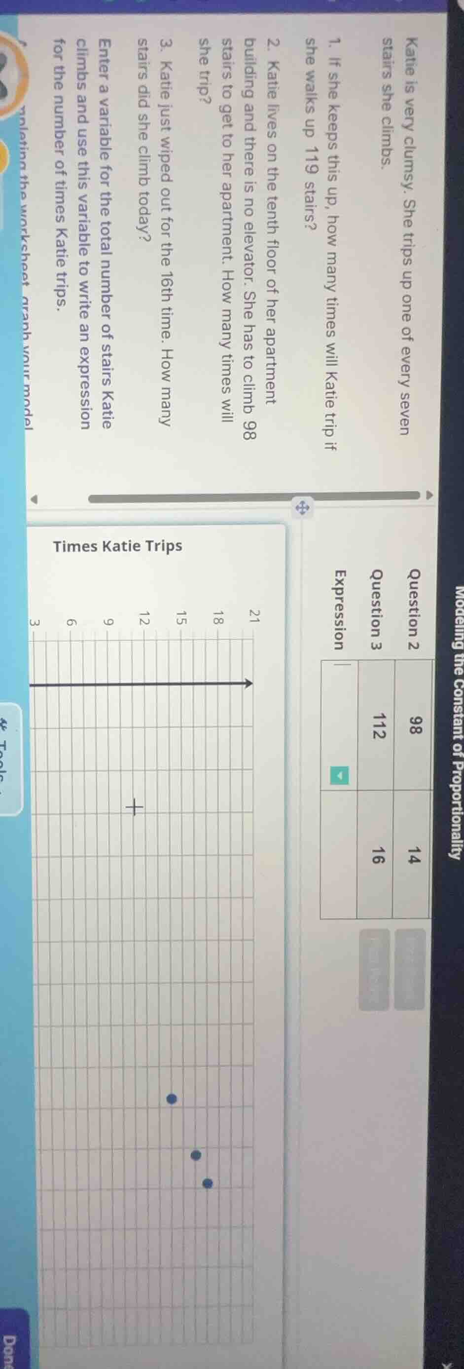 katie is very clumsy. she trips up one of every seven stairs she climbs…