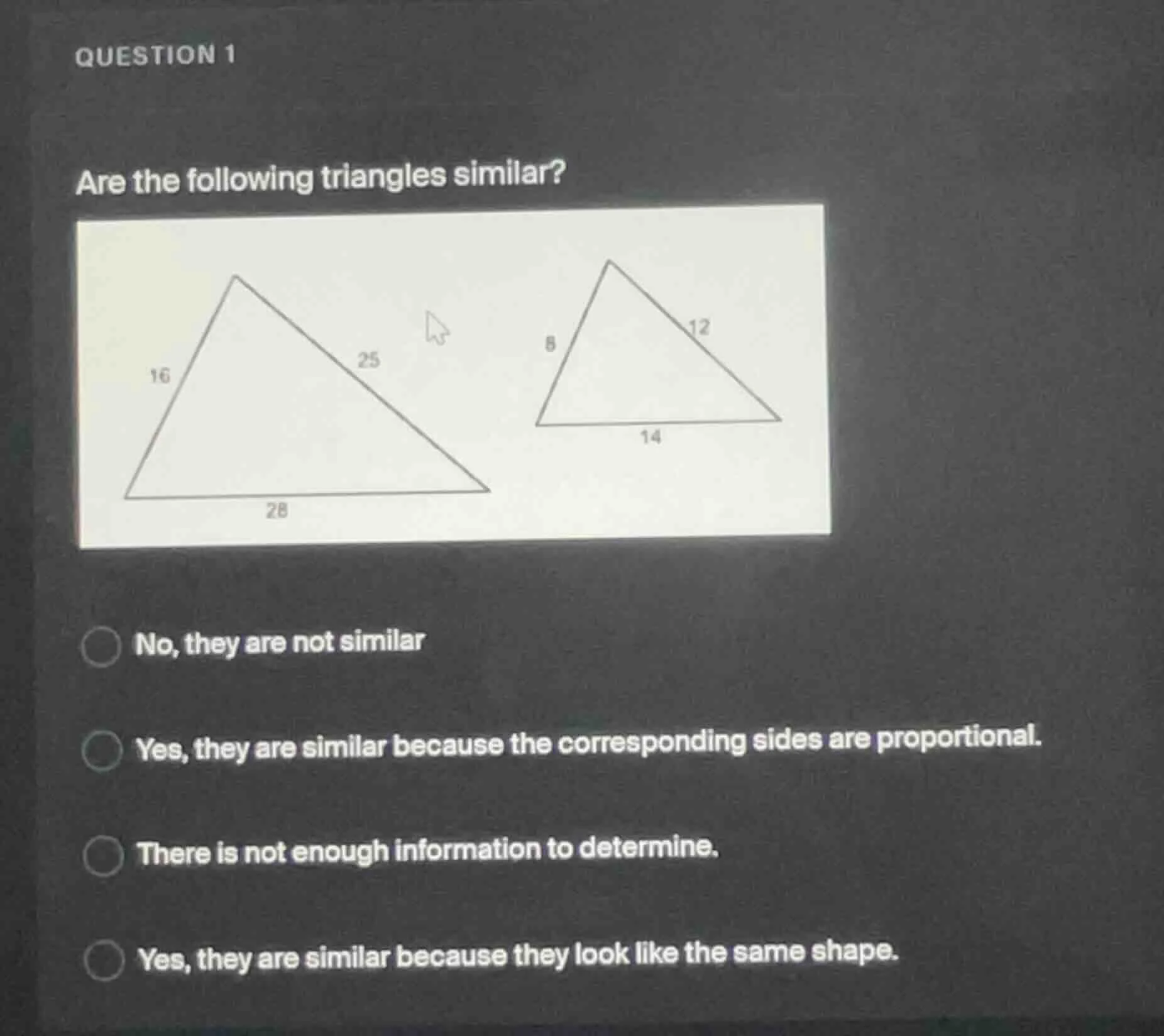 question 1 are the following triangles similar? image of two triangles …