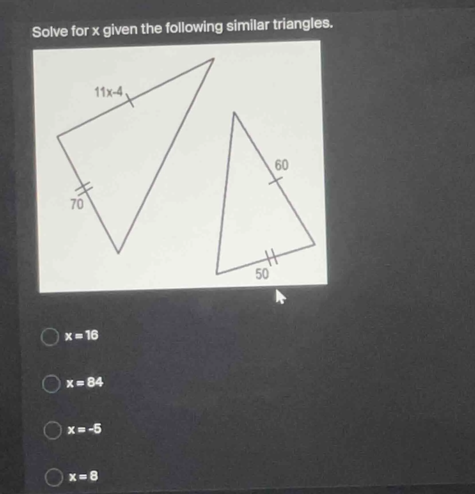 solve for x given the following similar triangles. image of two similar…