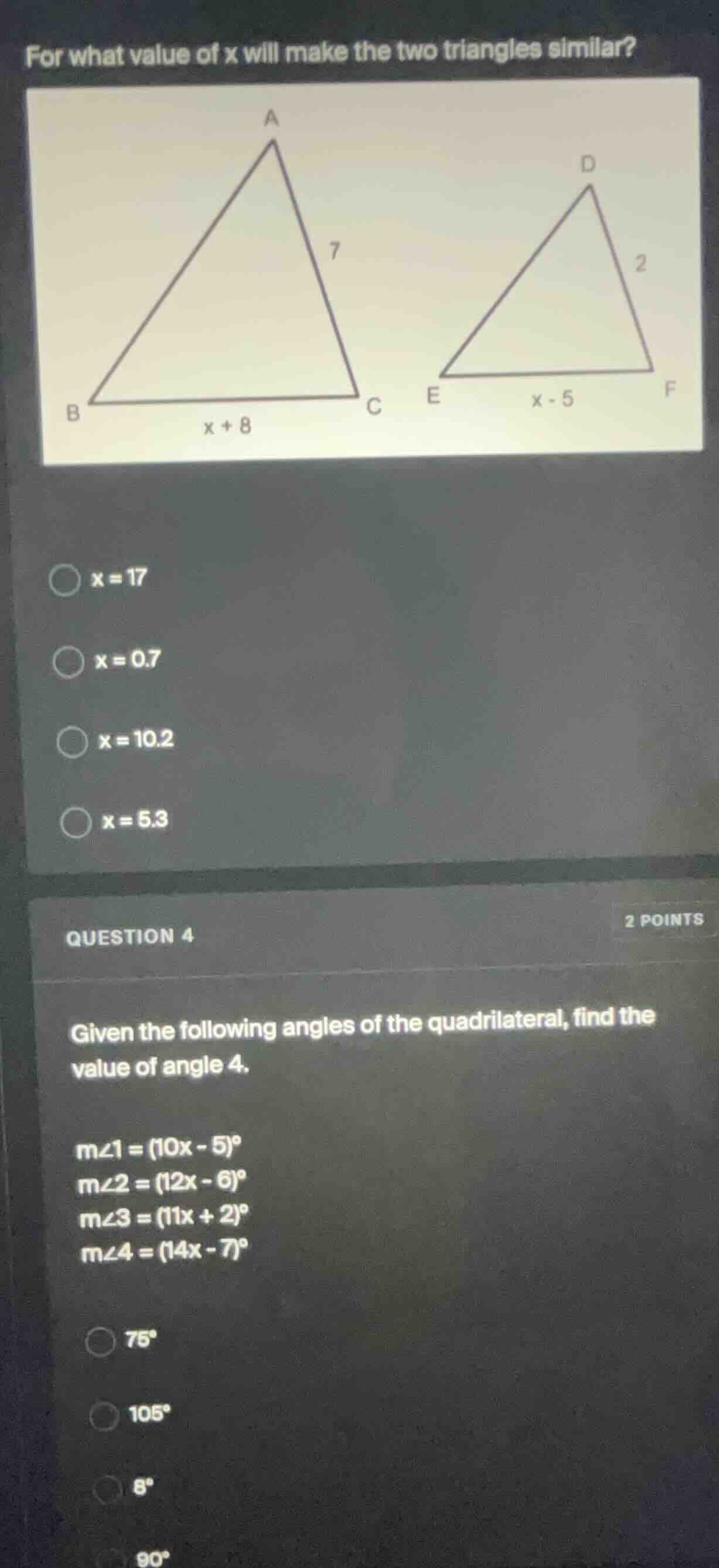 for what value of x will make the two triangles similar? image of two t…