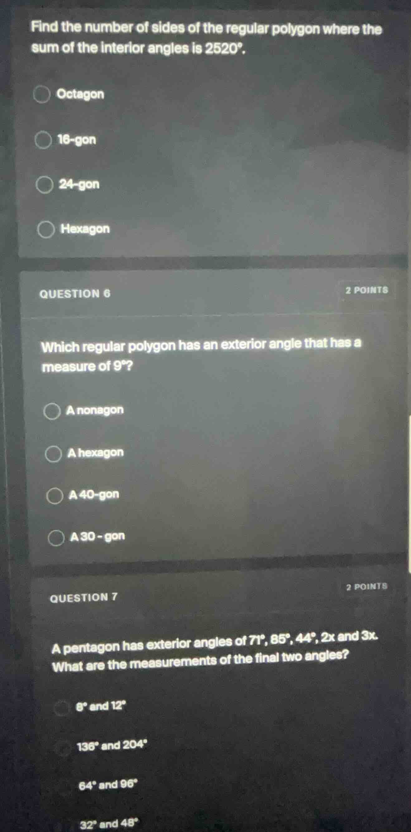 find the number of sides of the regular polygon where the sum of the in…
