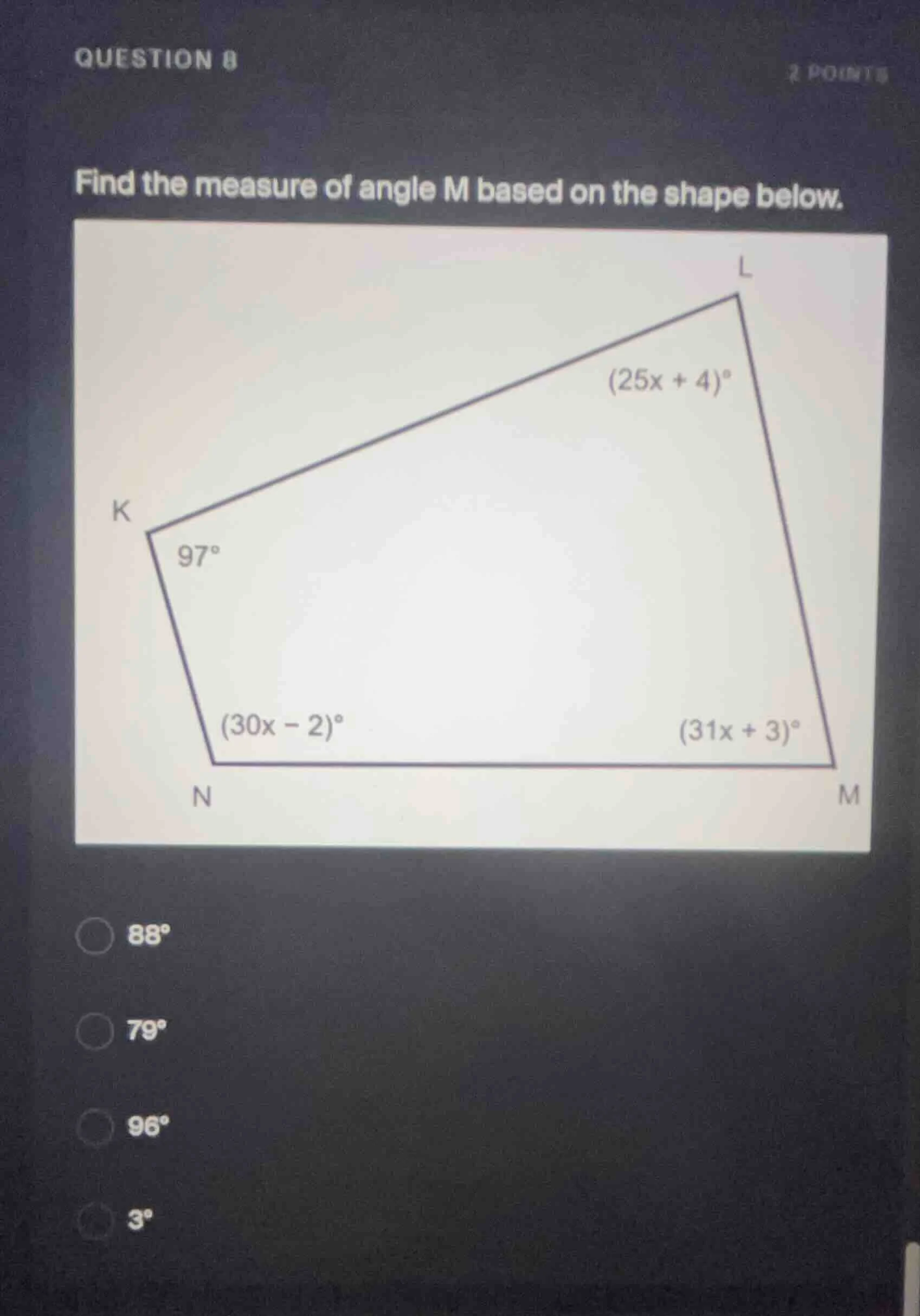question 8 2 points find the measure of angle m based on the shape belo…