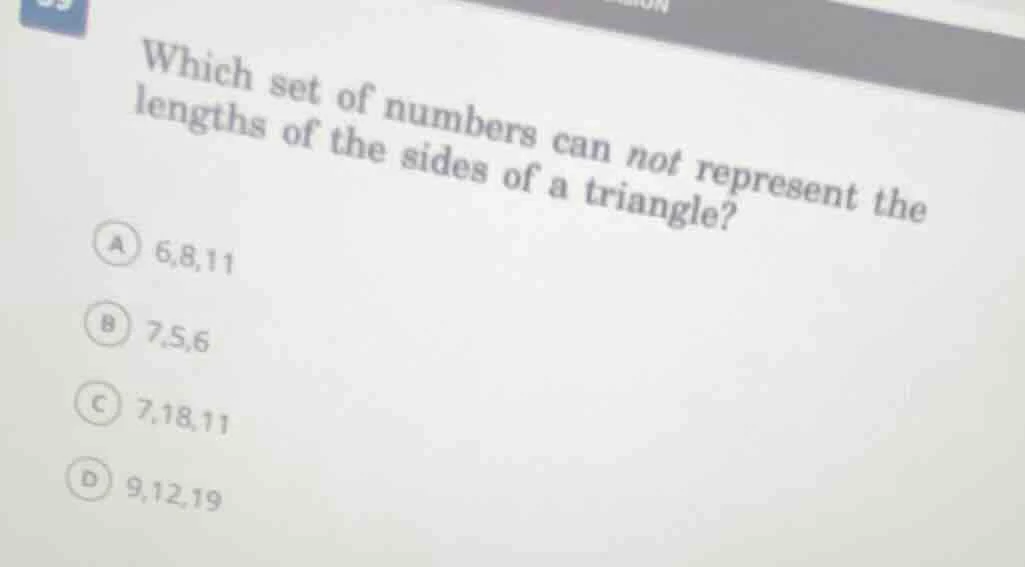 which set of numbers can not represent the lengths of the sides of a tr…