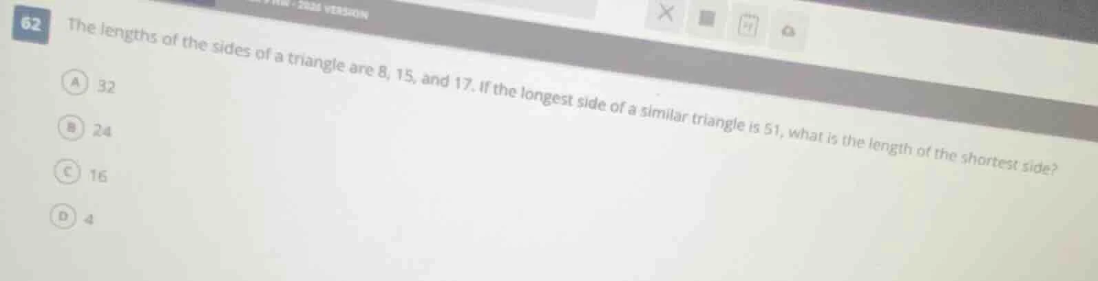 62 the lengths of the sides of a triangle are 8, 15, and 17. if the lon…