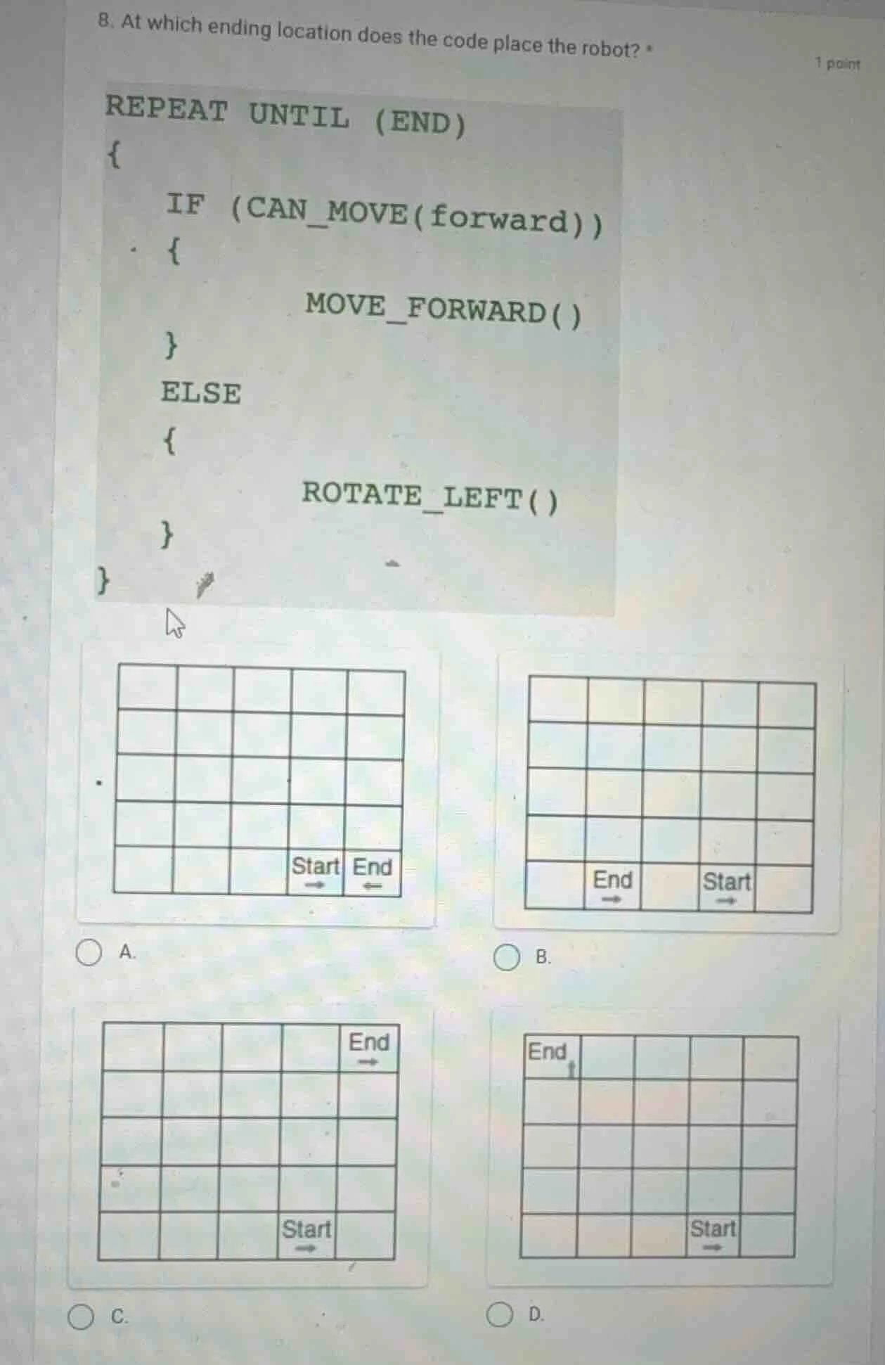 8. at which ending location does the code place the robot? * repeat unt…