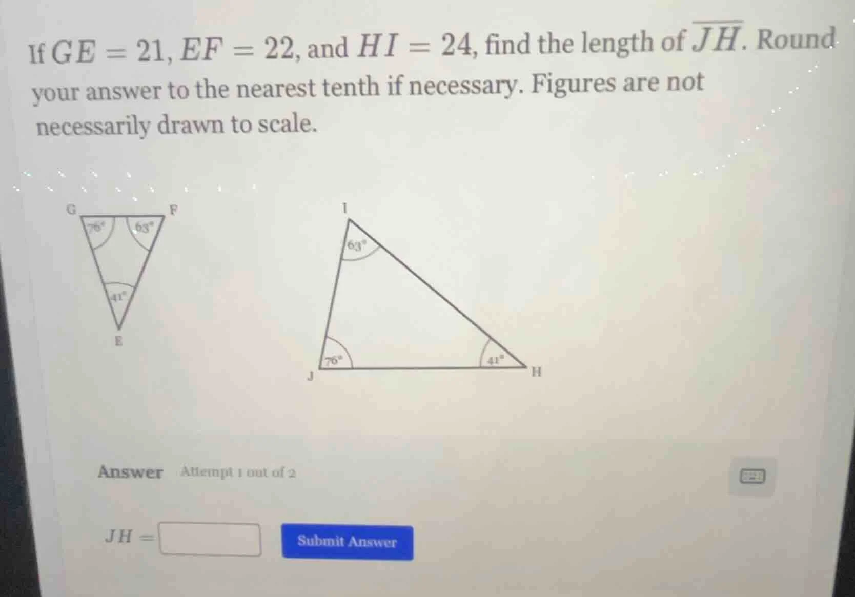if $ge = 21$, $ef = 22$, and $hi = 24$, find the length of $overline{jh…