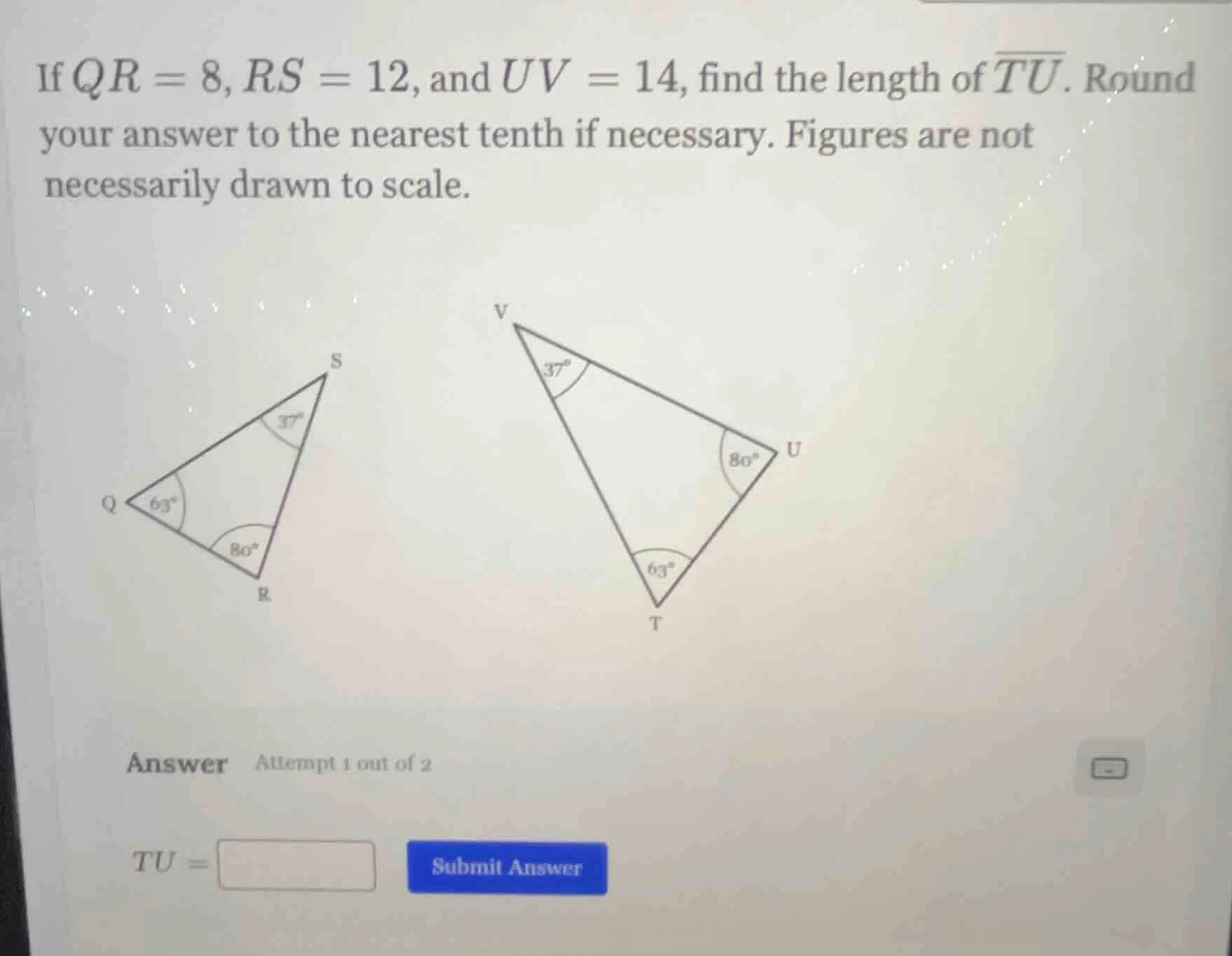 if $qr = 8$, $rs = 12$, and $uv = 14$, find the length of $overline{tu}…