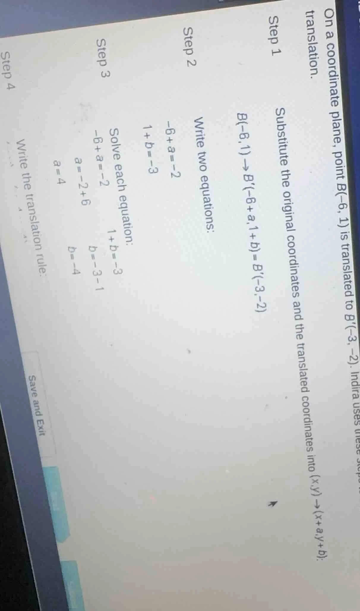 on a coordinate plane, point b(-6, 1) is translated to b(-3, -2). indir…
