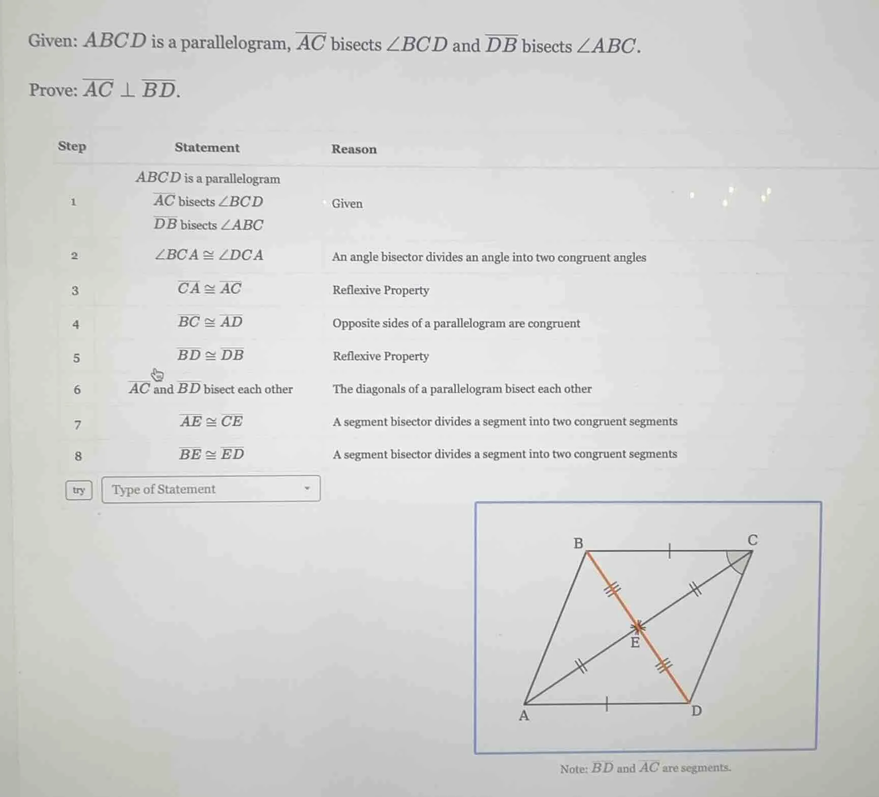 given: abcd is a parallelogram, \\(\\overline{ac}\\) bisects \\(\\angle…