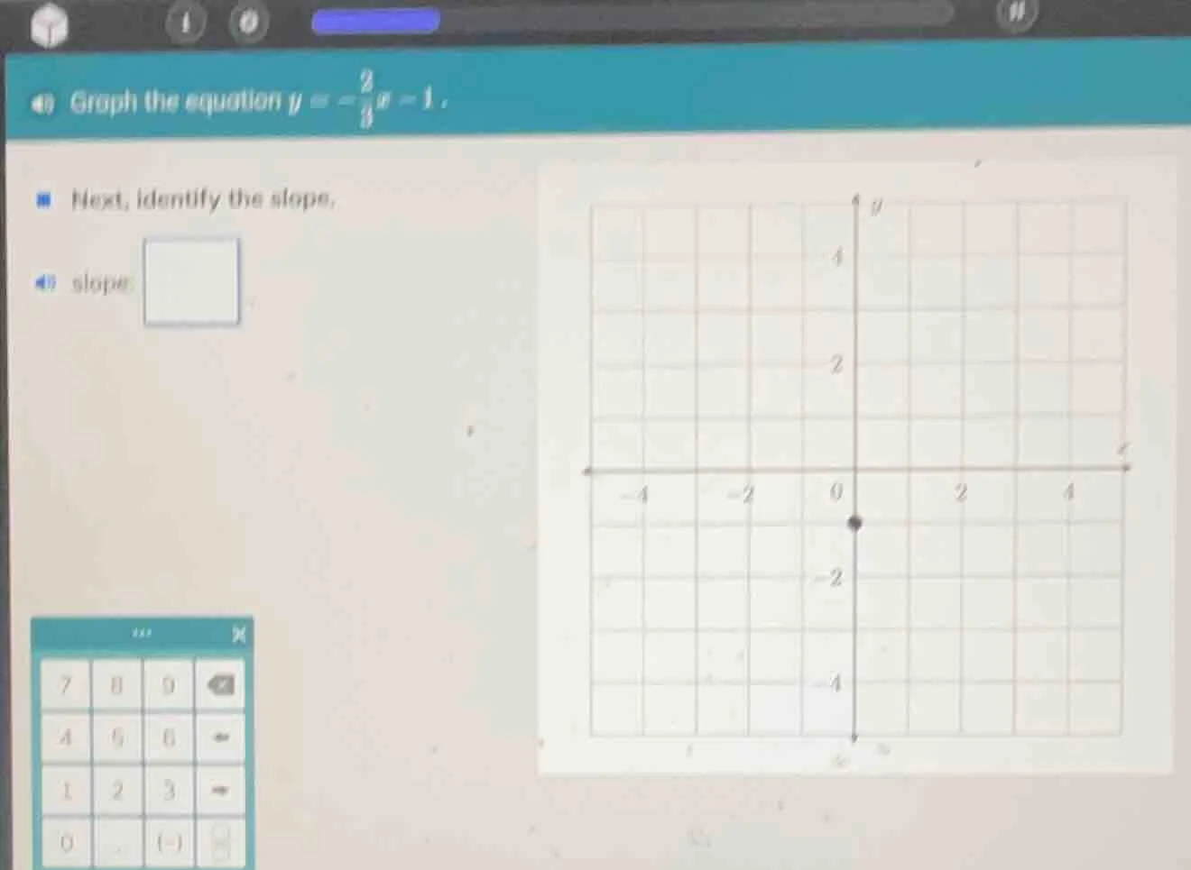 graph the equation $y = -\frac{2}{3}x - 1$. next, identify the slope. s…