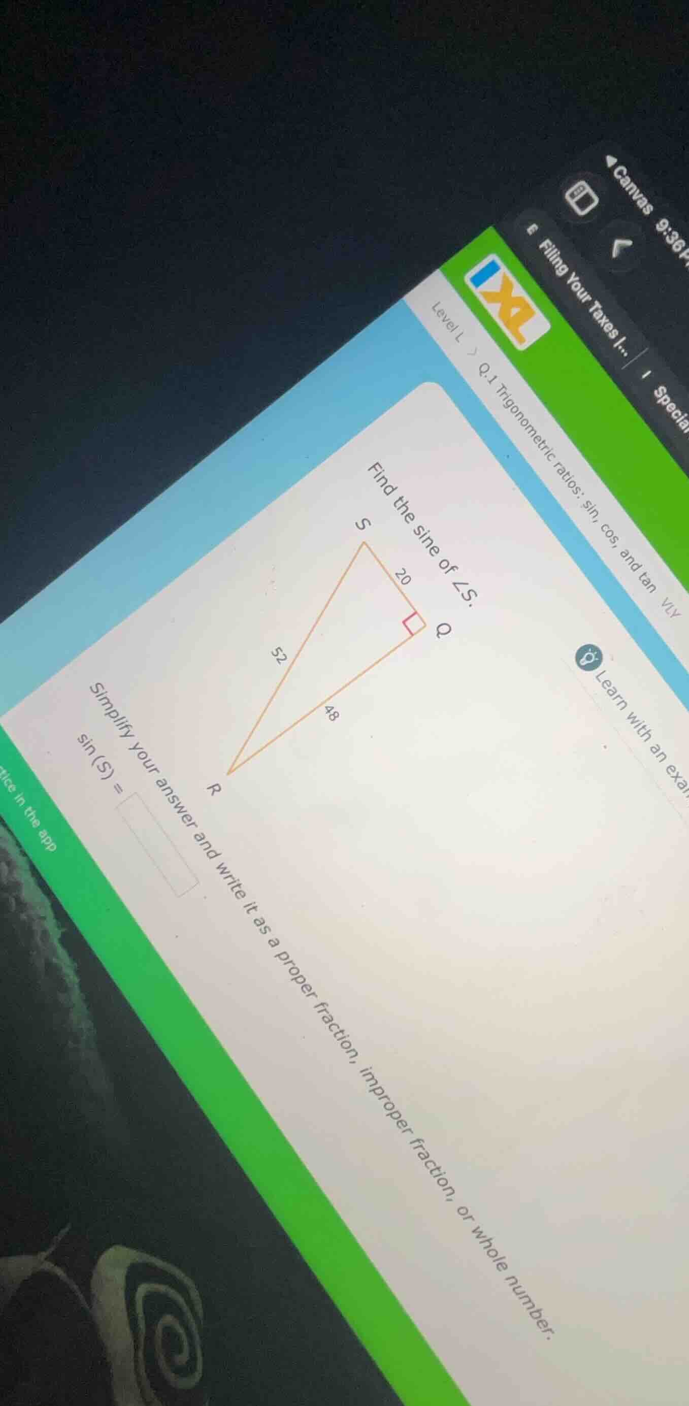 find the sine of ∠s. simplify your answer and write it as a proper frac…