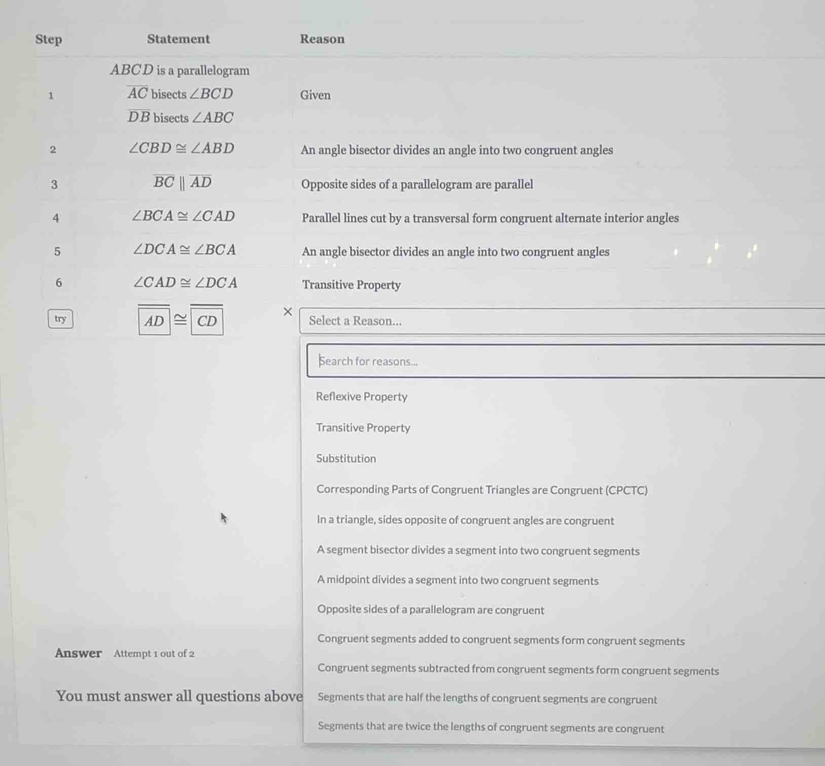 step statement reason 1 abcd is a parallelogram \\(\\overline{ac}\\) bi…