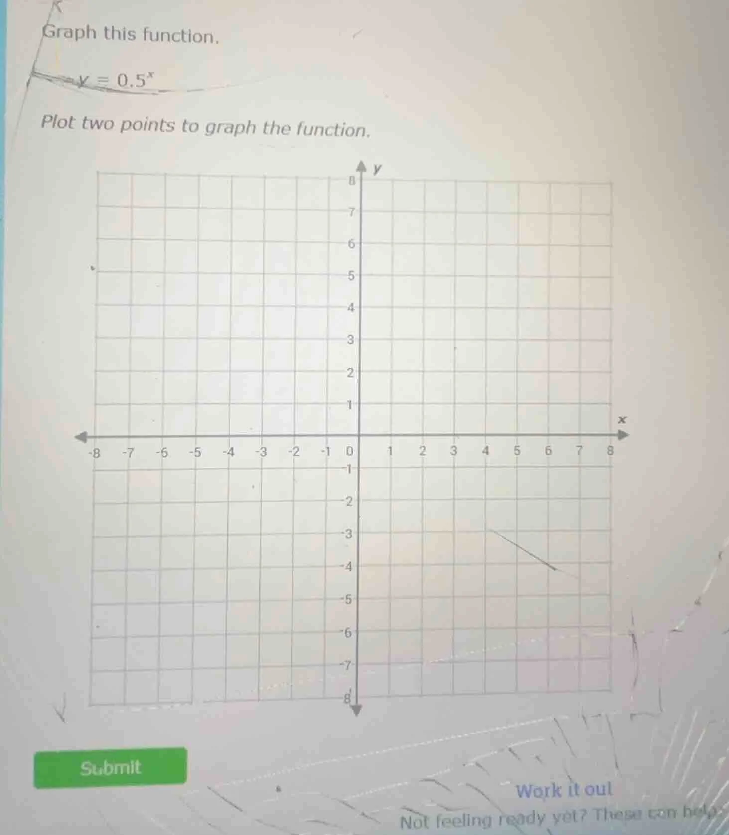 graph this function. $y = 0.5^x$ plot two points to graph the function.