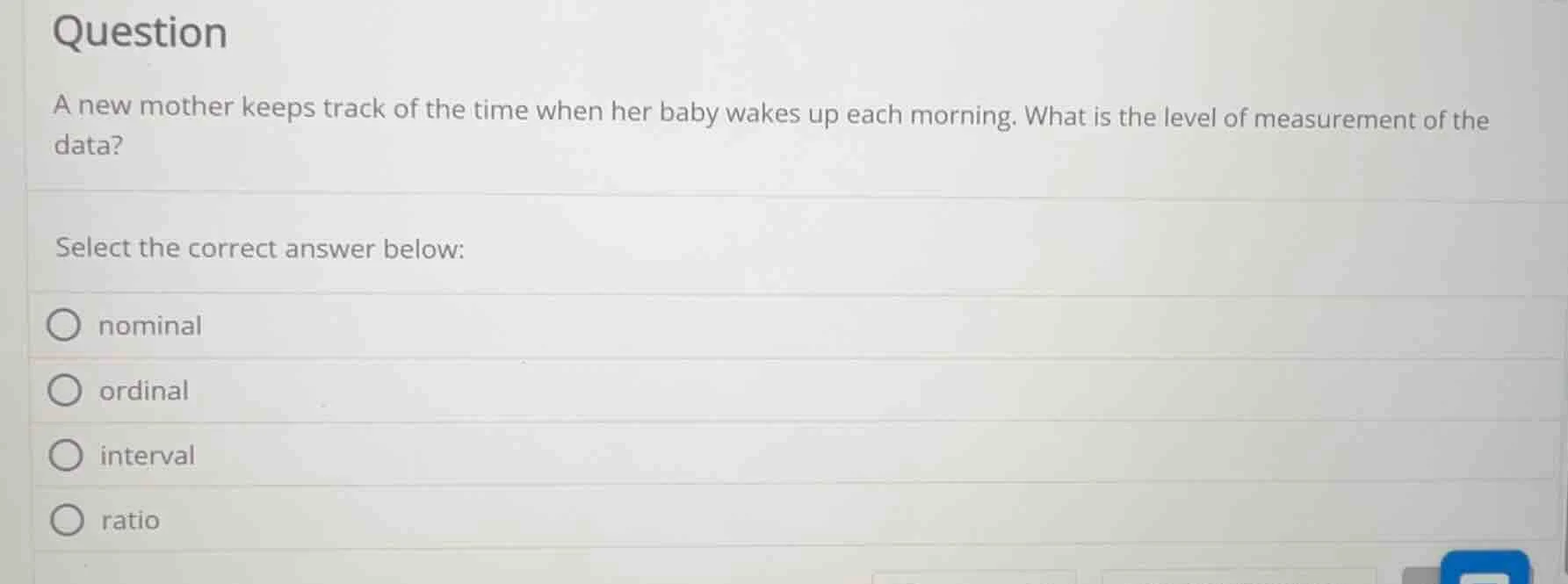 question a new mother keeps track of the time when her baby wakes up ea…