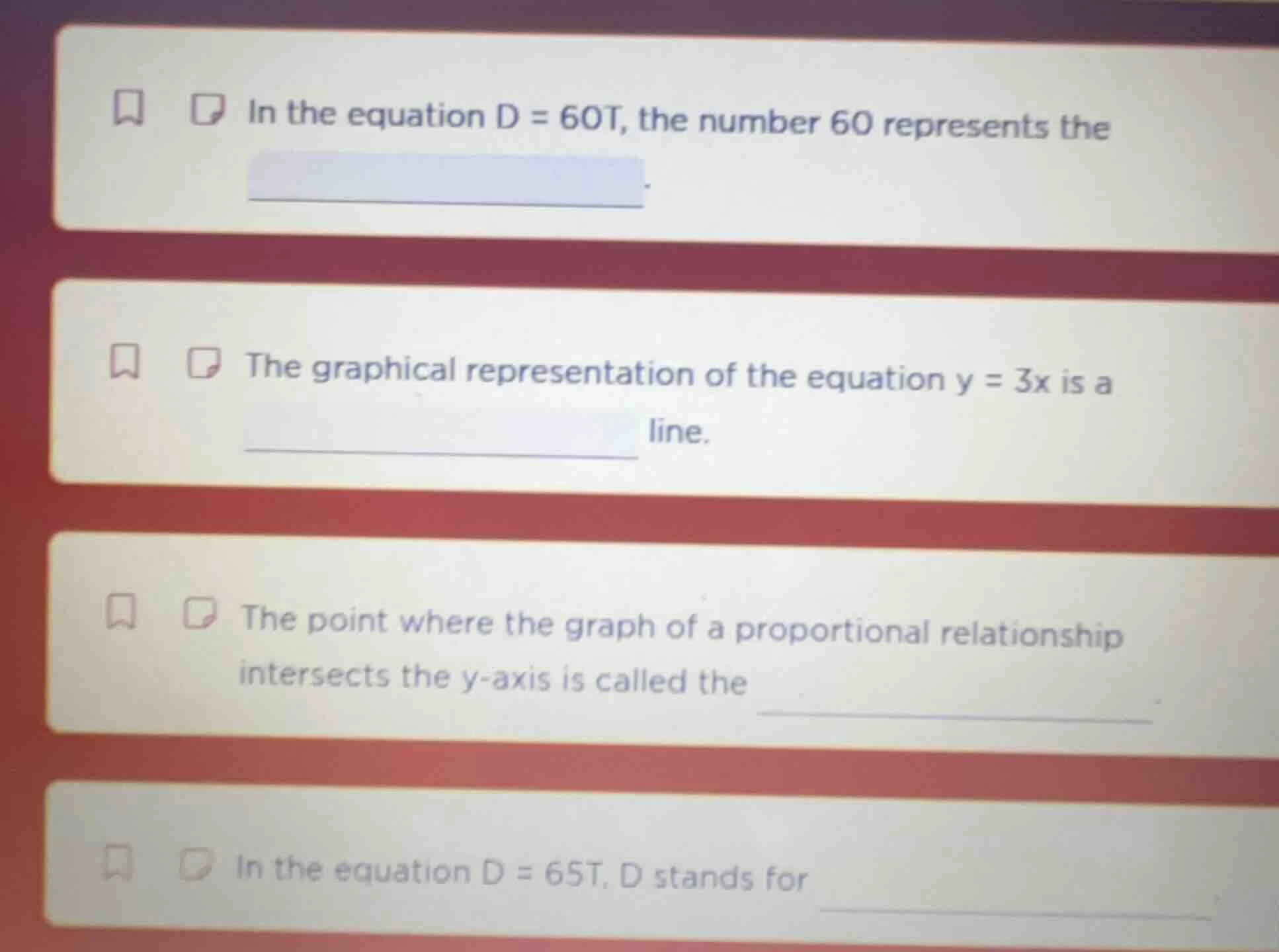 in the equation d = 60t, the number 60 represents the ______. the graph…