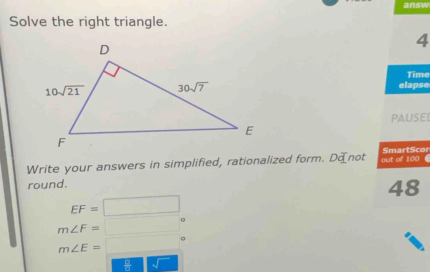 solve the right triangle. triangle with right angle at d, df = 10√21, d…