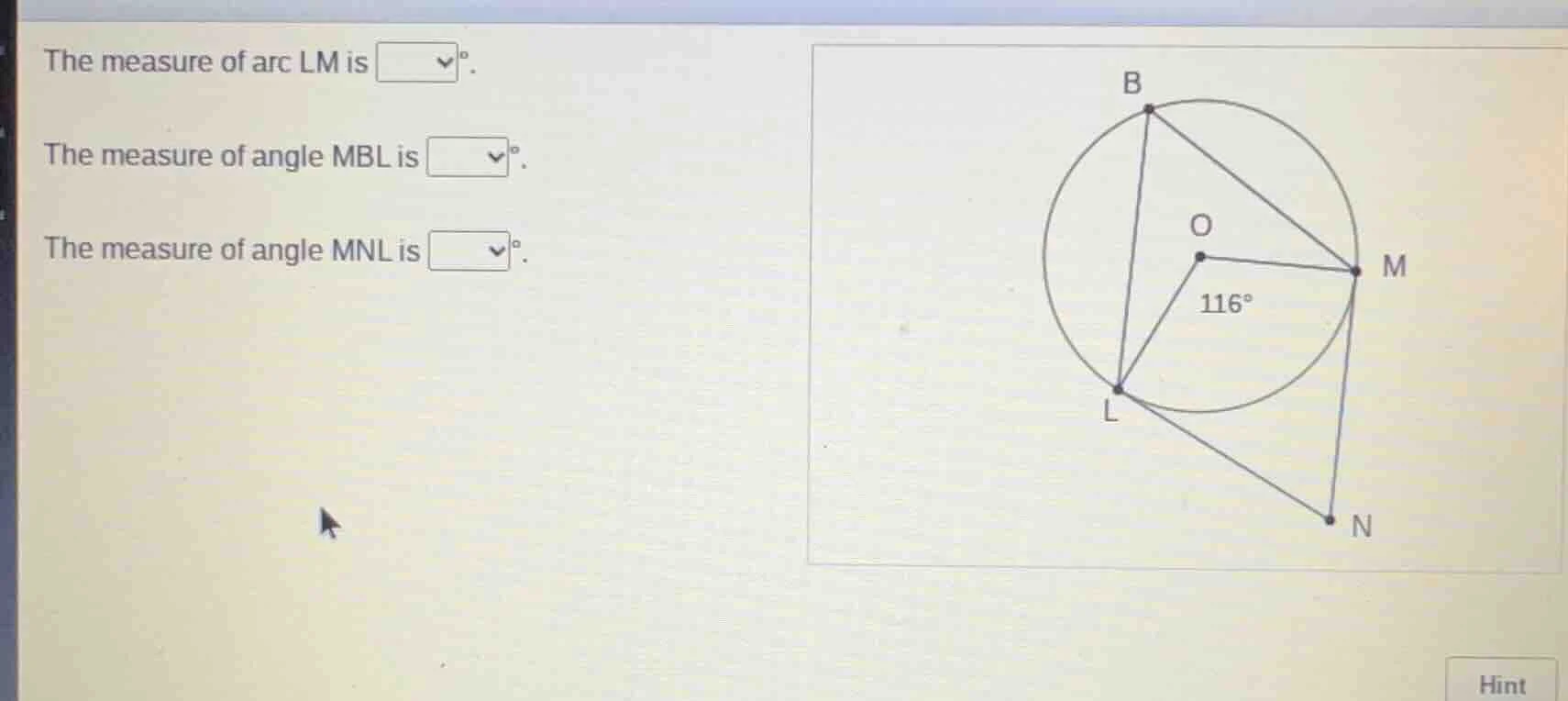the measure of arc lm is \\boxed{}°. the measure of angle mbl is \\boxe…