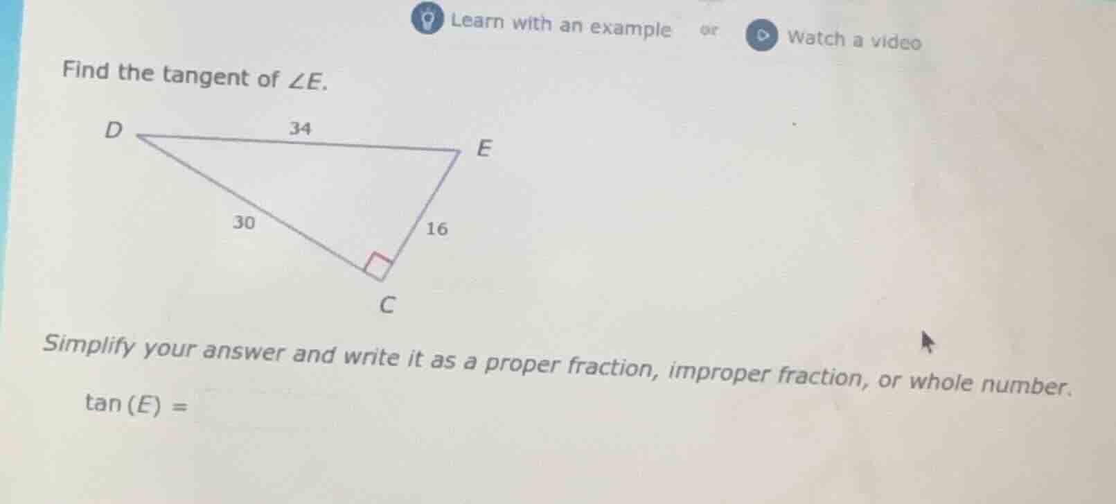 find the tangent of ∠e. triangle with vertices d, e, c, right-angled at…