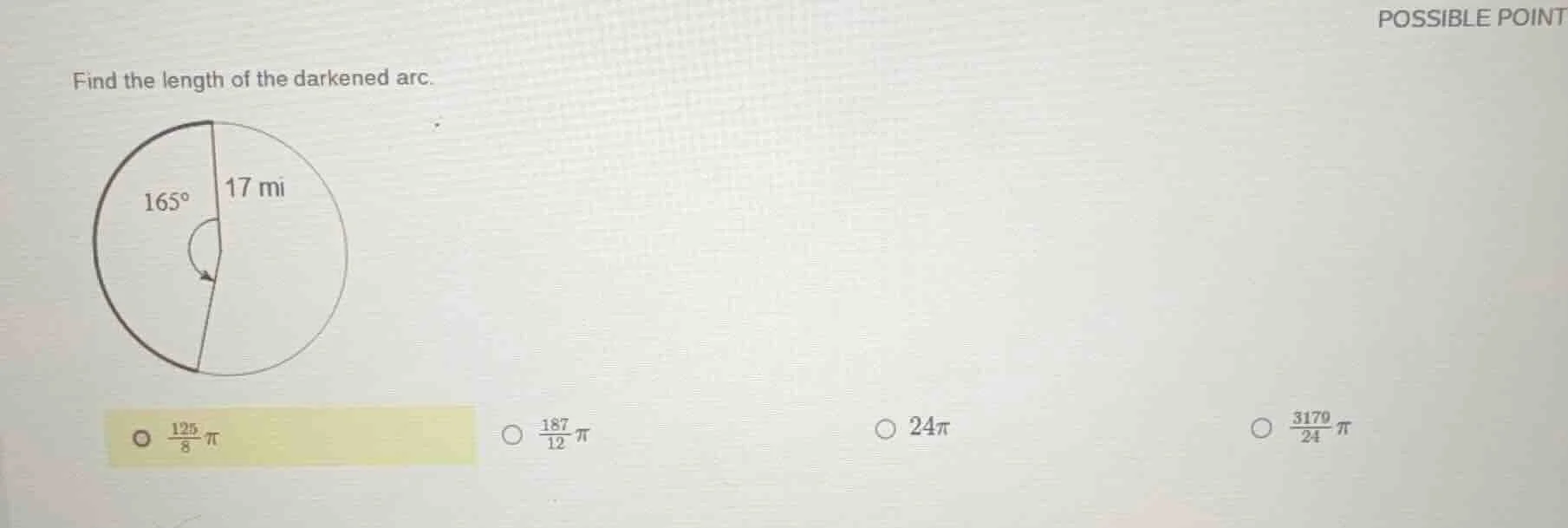 find the length of the darkened arc. circle with radius 17 mi, central …