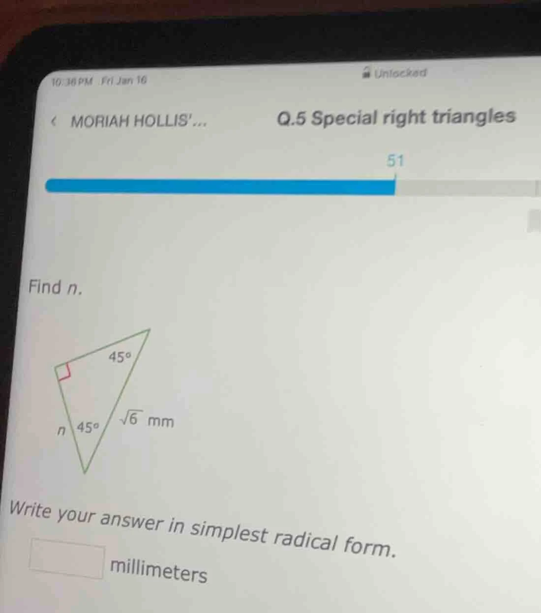 q.5 special right triangles find n. right triangle with a right angle, …
