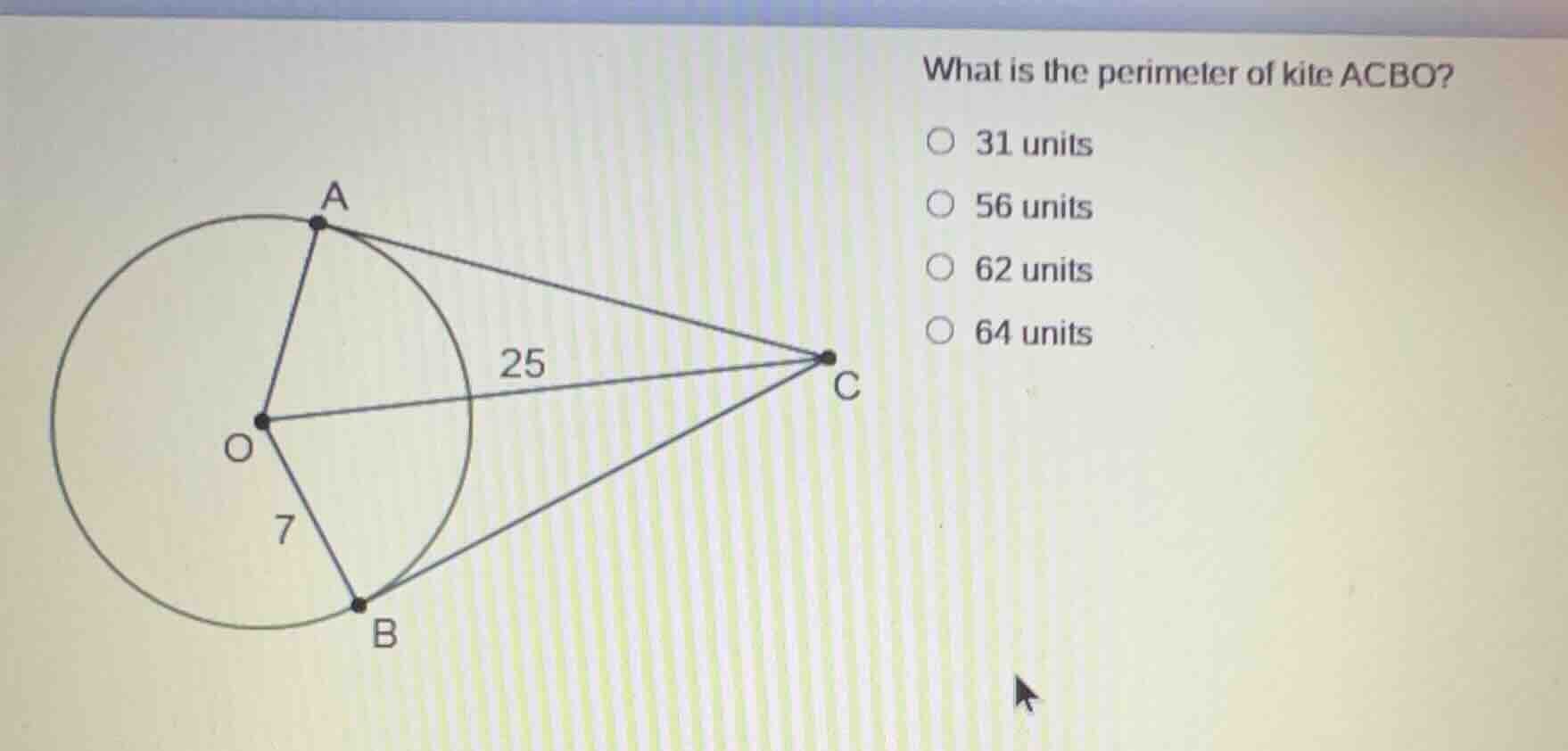 what is the perimeter of kite acbo? 31 units 56 units 62 units 64 units