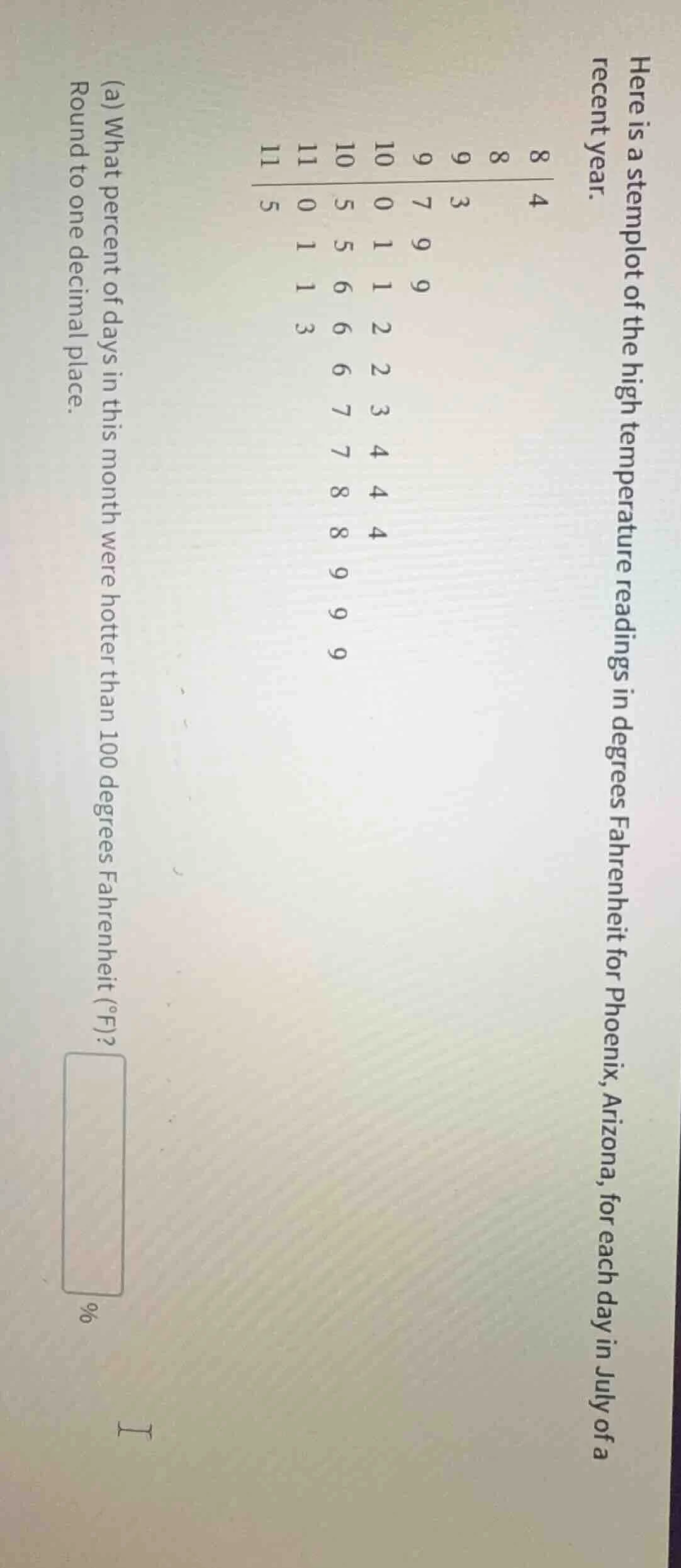 here is a stemplot of the high temperature readings in degrees fahrenhe…