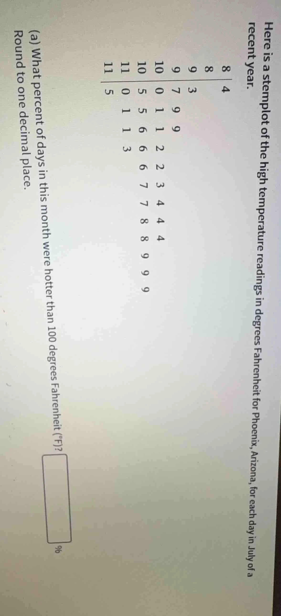 here is a stemplot of the high temperature readings in degrees fahrenhe…