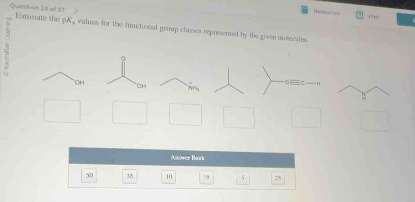 question 23 of 37 estimate the pkₐ values for the functional group clas…