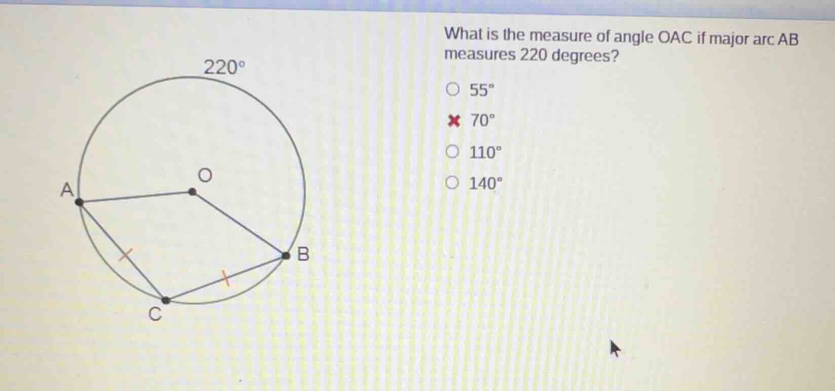what is the measure of angle oac if major arc ab measures 220 degrees? …