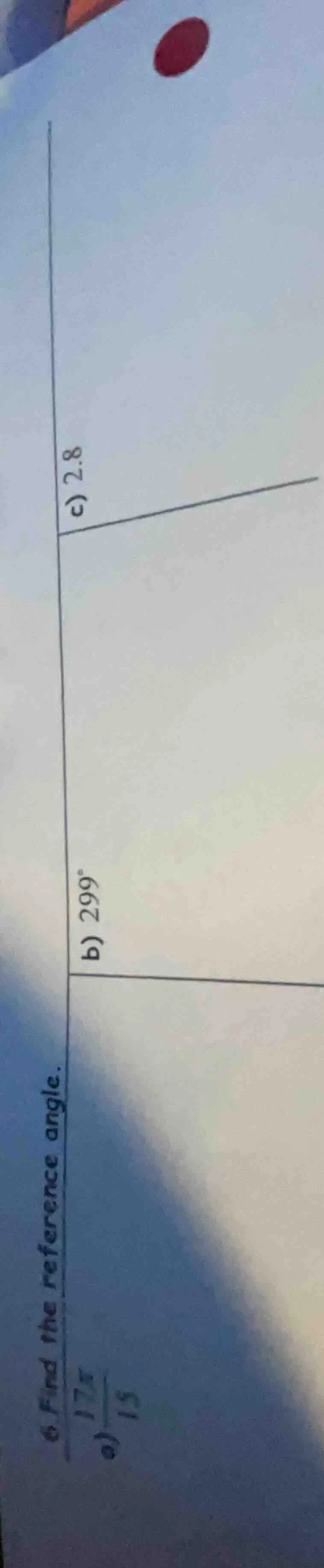 6 find the reference angle. a) \\(\\frac{17\\pi}{15}\\) b) \\(299^\\cir…