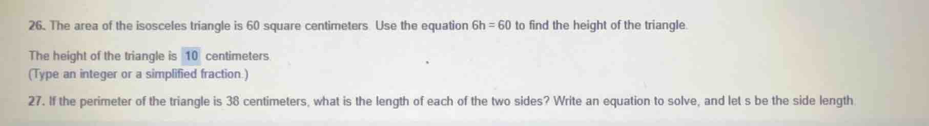 26. the area of the isosceles triangle is 60 square centimeters. use th…