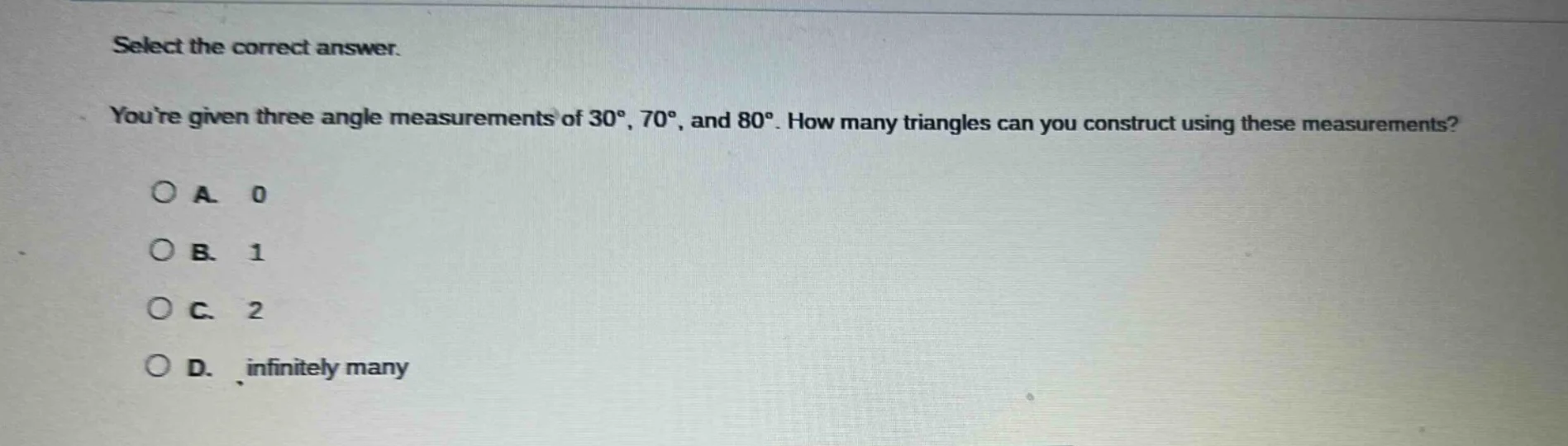 select the correct answer. youre given three angle measurements of 30°,…