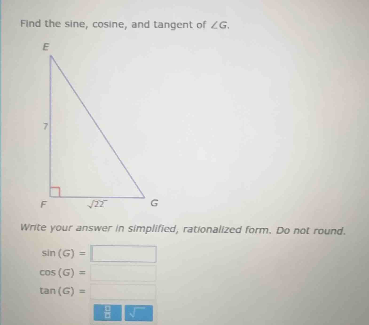 find the sine, cosine, and tangent of $\\angle g$. (image of right tria…