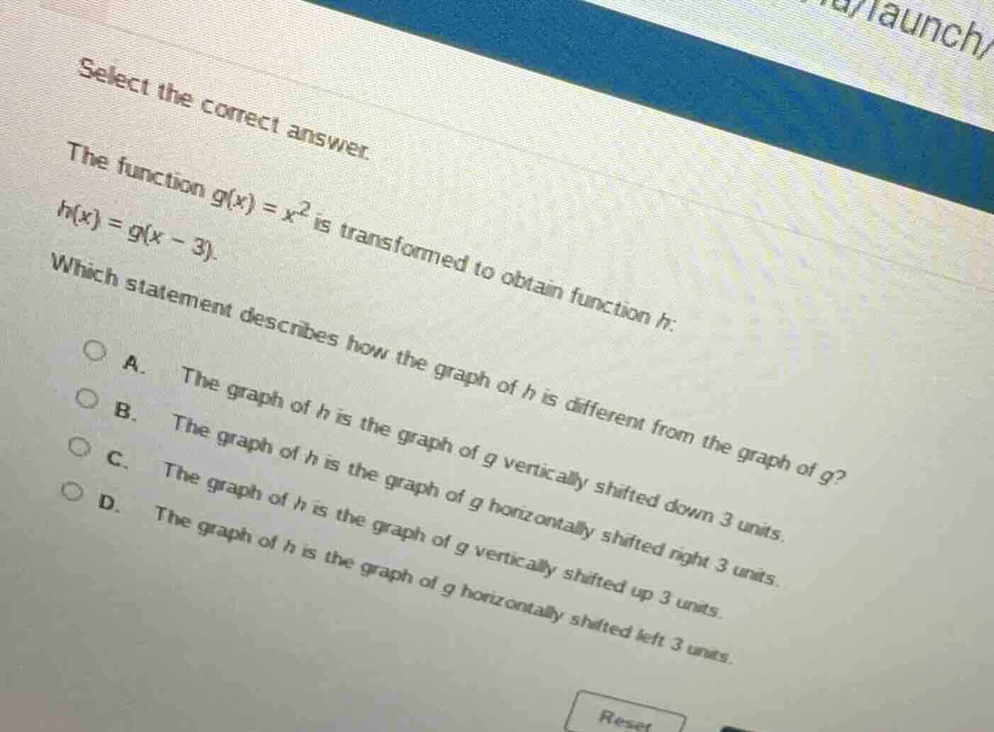select the correct answer. the function ( g(x) = x^2 ) is transformed t…