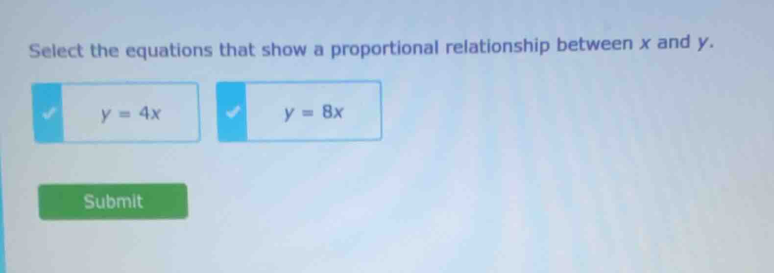 select the equations that show a proportional relationship between x an…