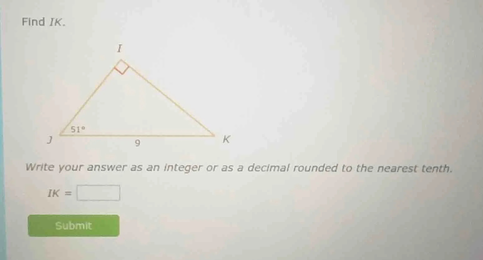 find ik. triangle image with right angle at i, angle 51° at j, and jk =…
